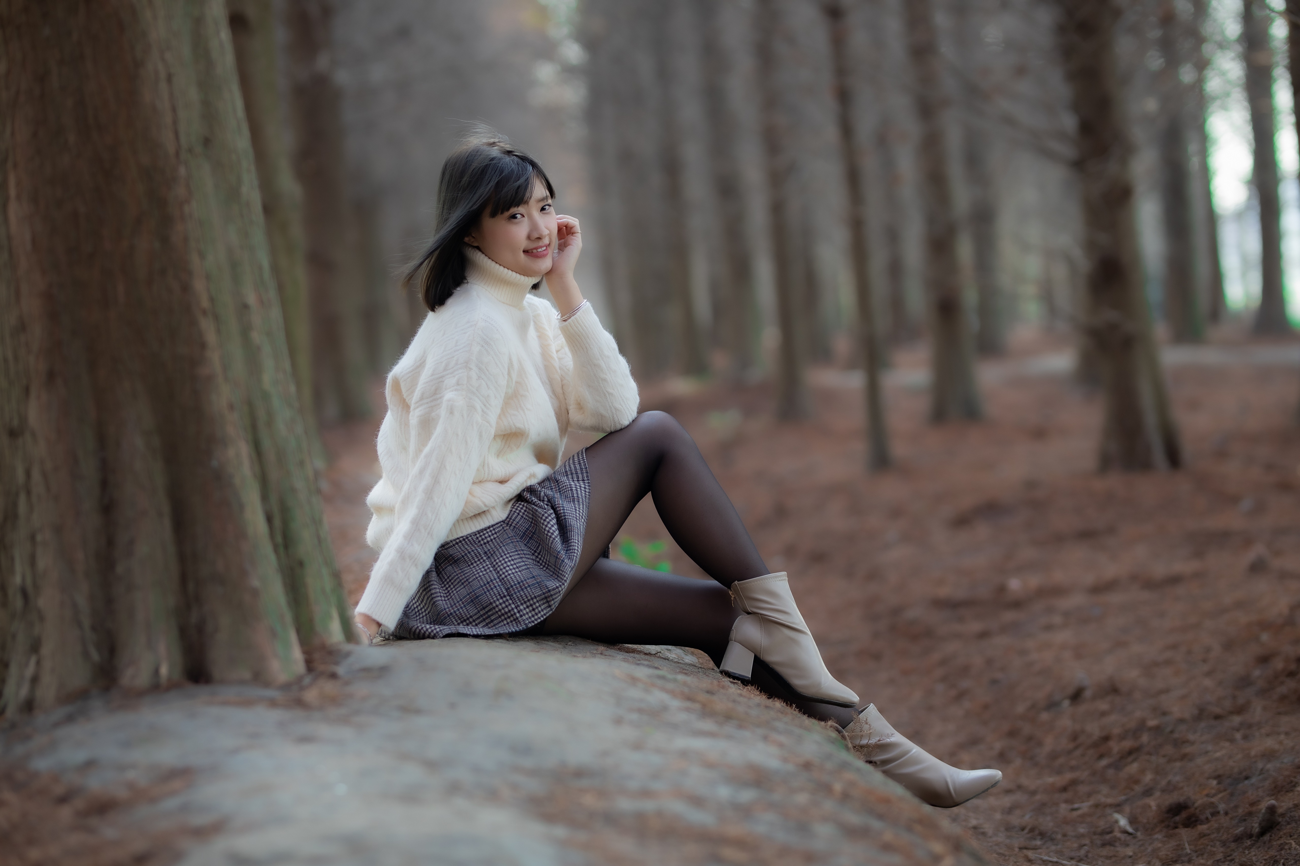 Asian Model Women Short Hair Dark Hair Forest Trees Sitting Depth Of Field Ankle Boots Pullover Skir 5120x3413