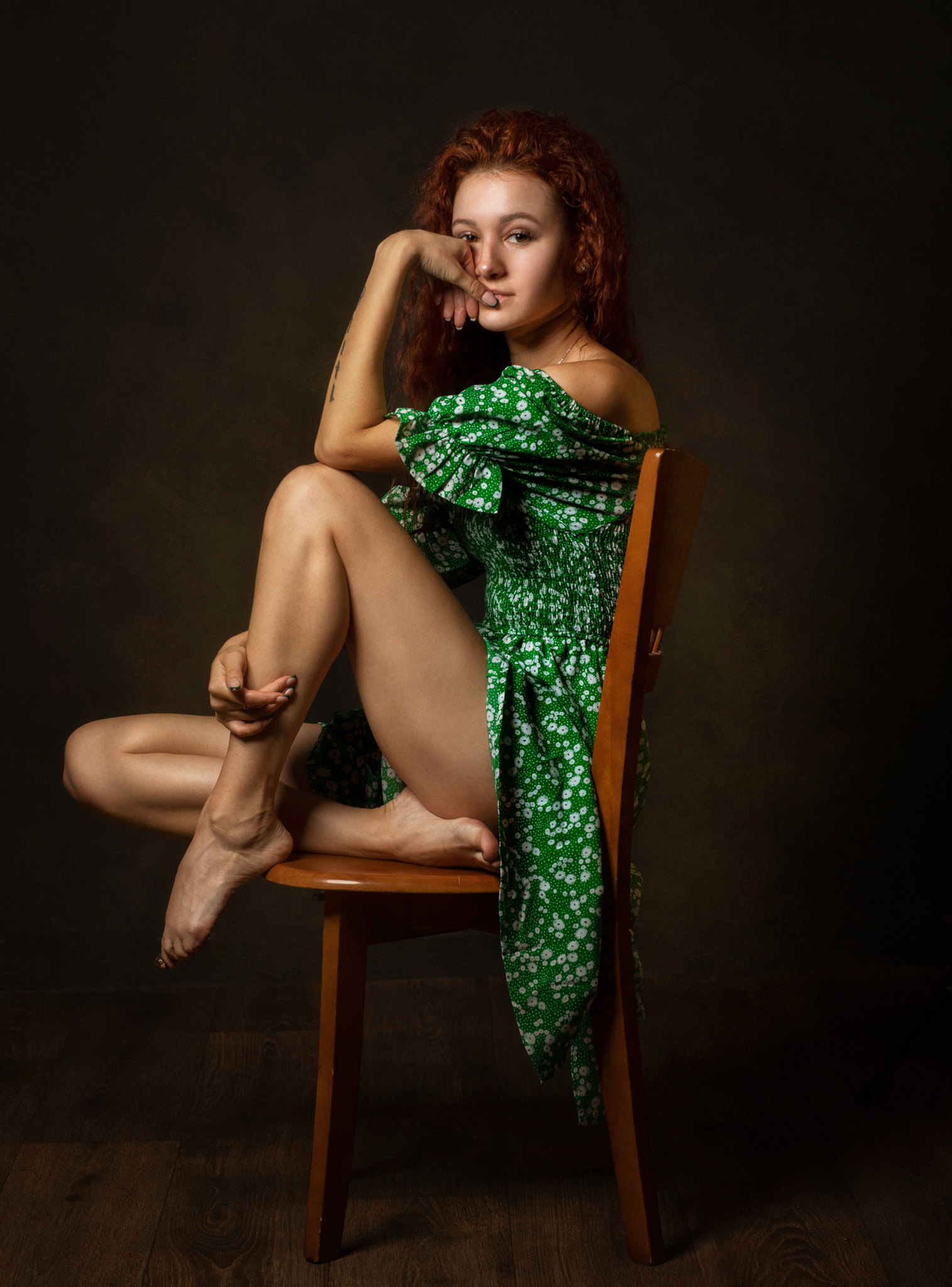 Zachar Rise Women Redhead Dress Legs Barefoot Chair Warm Curly Hair Freckles 1515x2048
