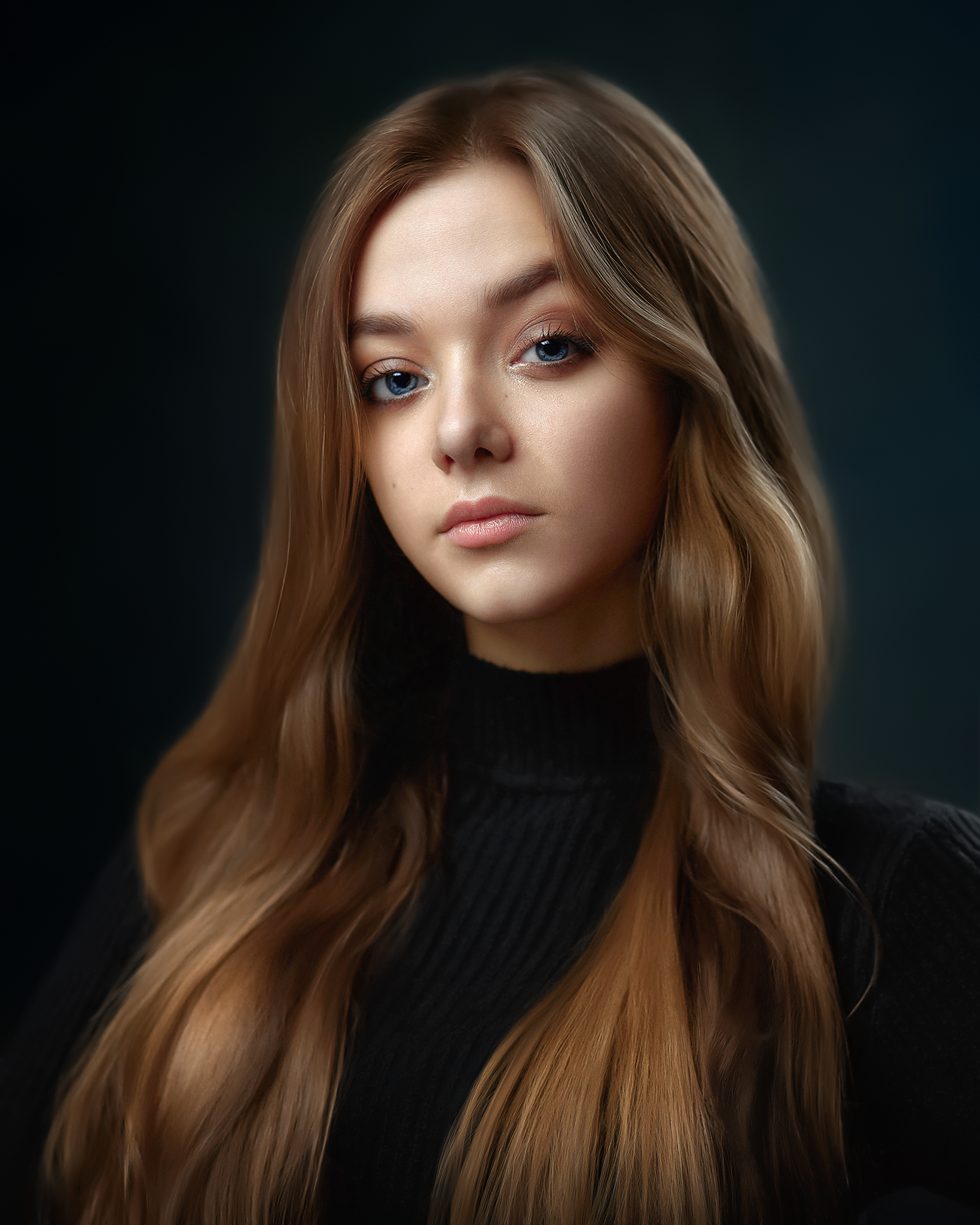 Ivan Kovalyov Women Brunette Long Hair Blue Eyes Black Clothing Looking At Viewer Simple Background  1639x2048