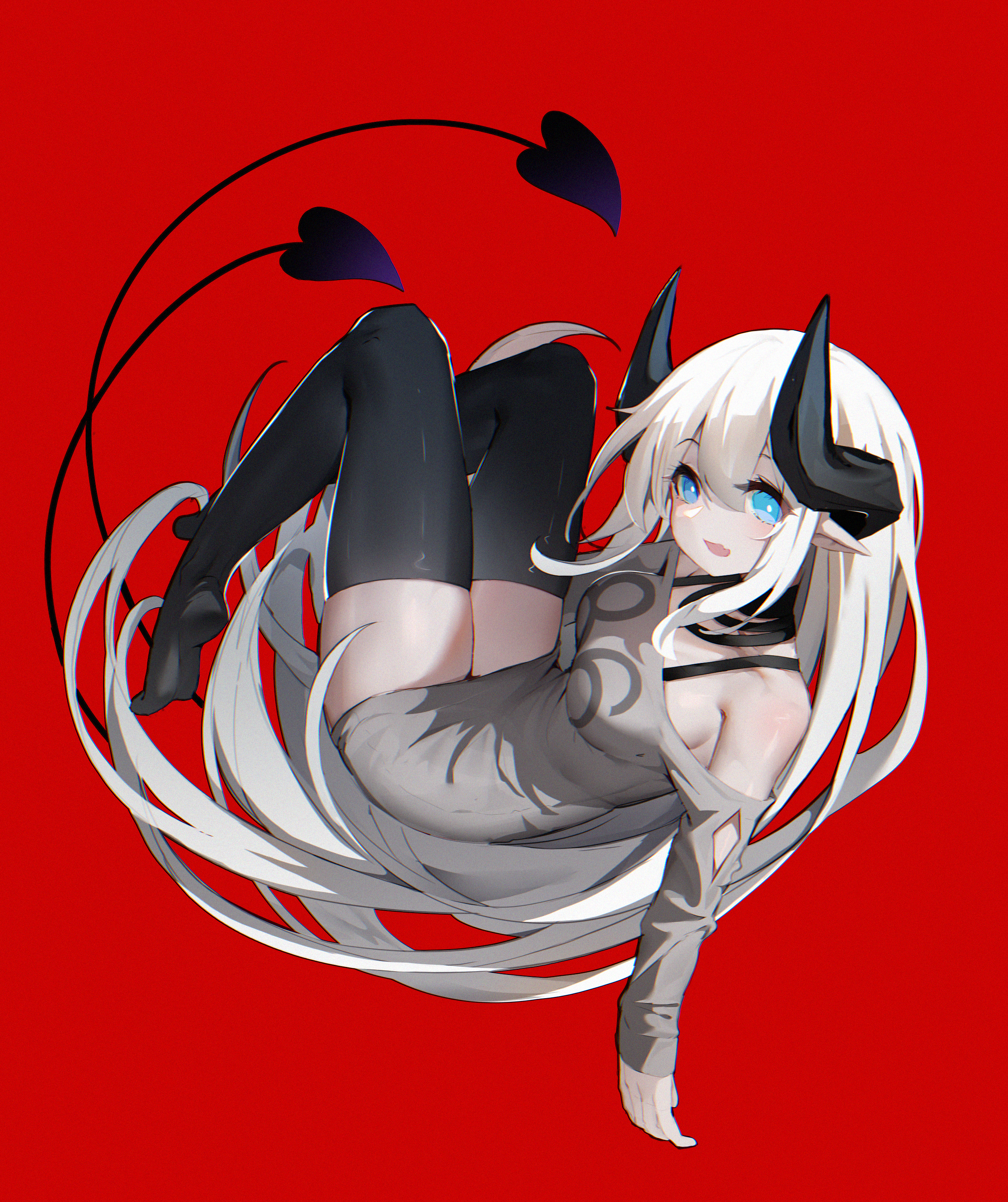 The Sound Of Painting Anime Anime Girls Vertical Demon Tail Demon Horns Pointy Ears Red Background S 2472x2948