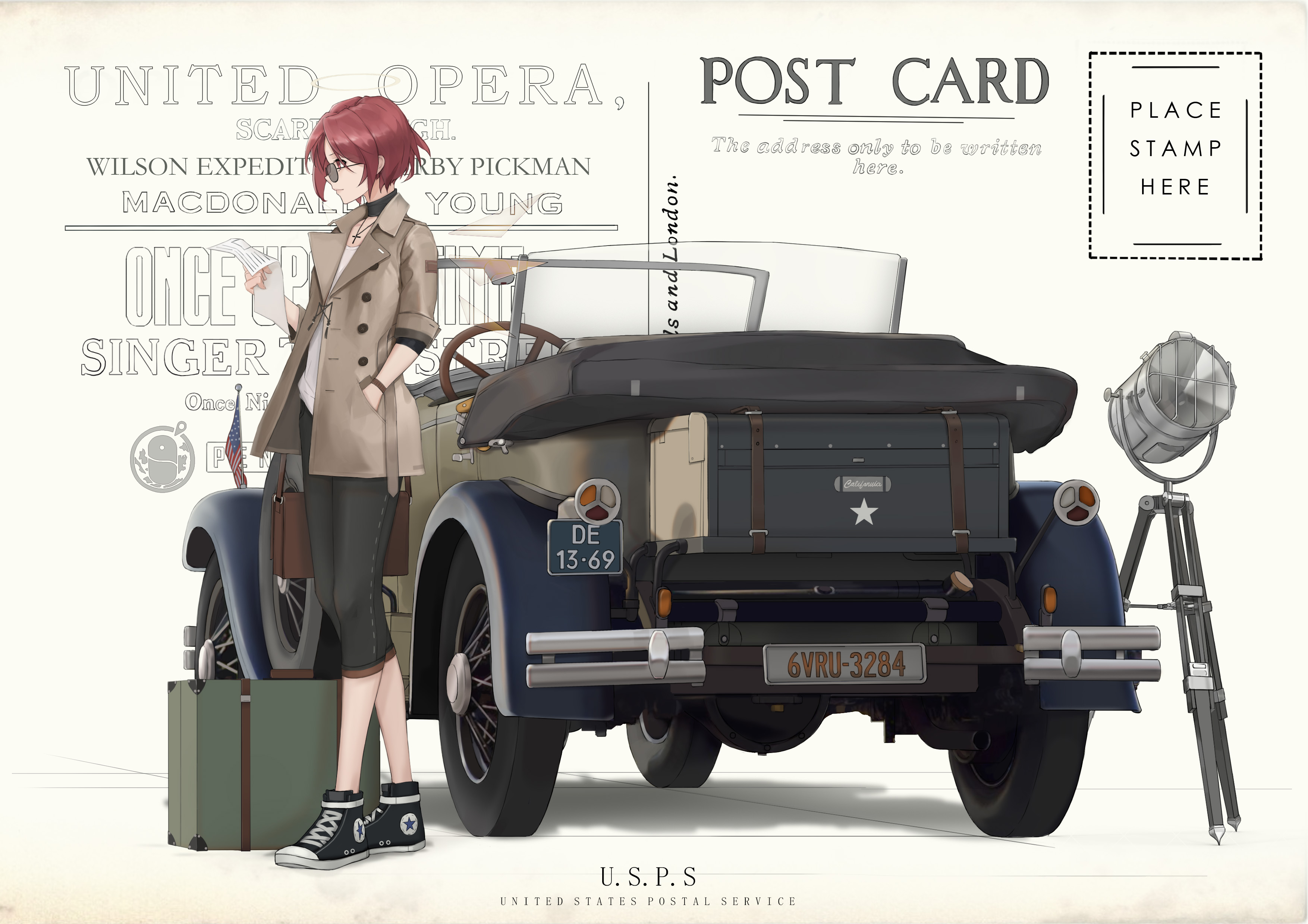 Anime Girls Anime Car Brief Case Redhead Glasses Hands In Pockets Shoes Red Eyes Cross Necklace Arkn 3508x2480