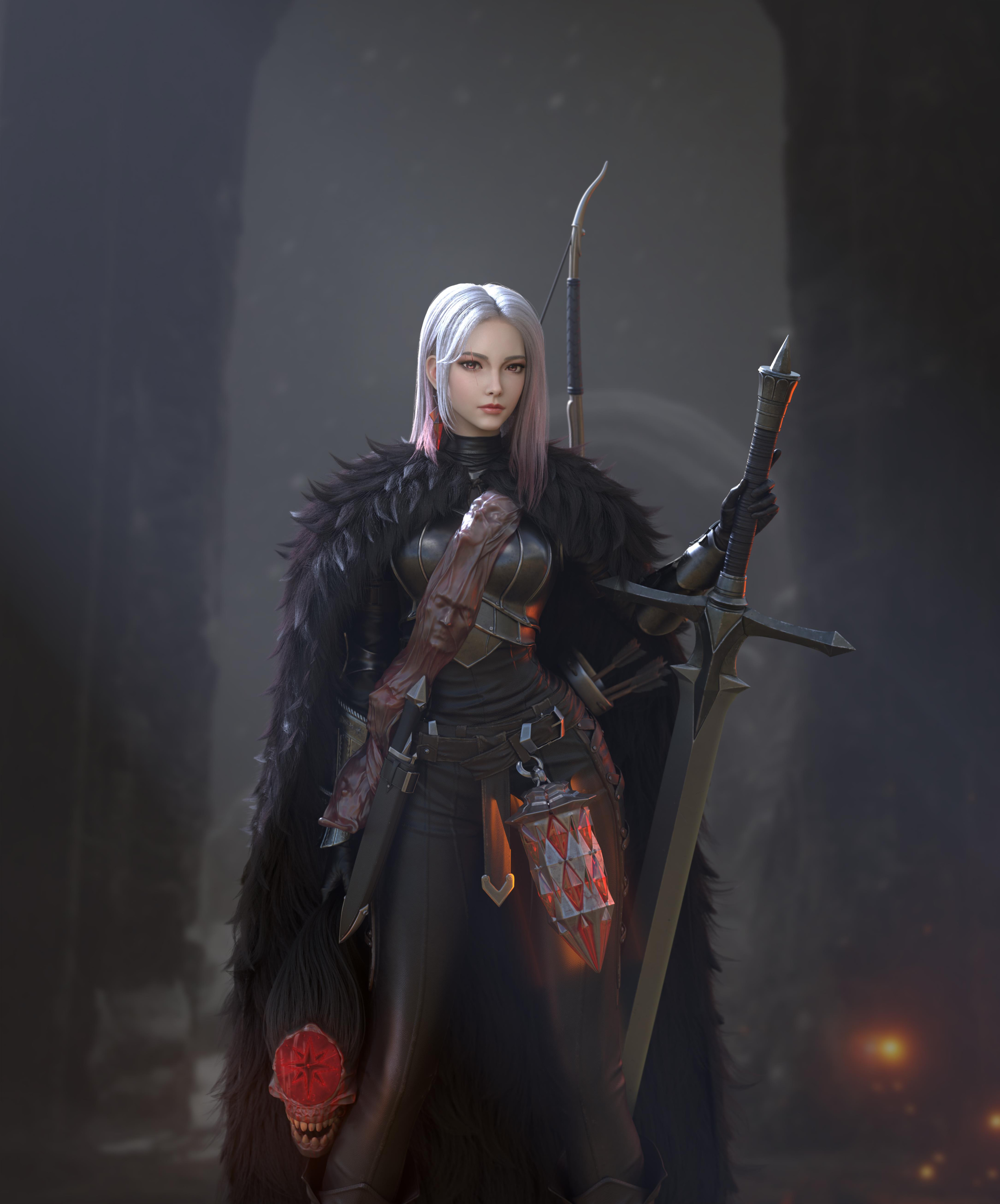 Cifangyi CGi Women Silver Hair Warrior Greatsword Head Fur Vertical Sword Weapon Armor 3840x4623