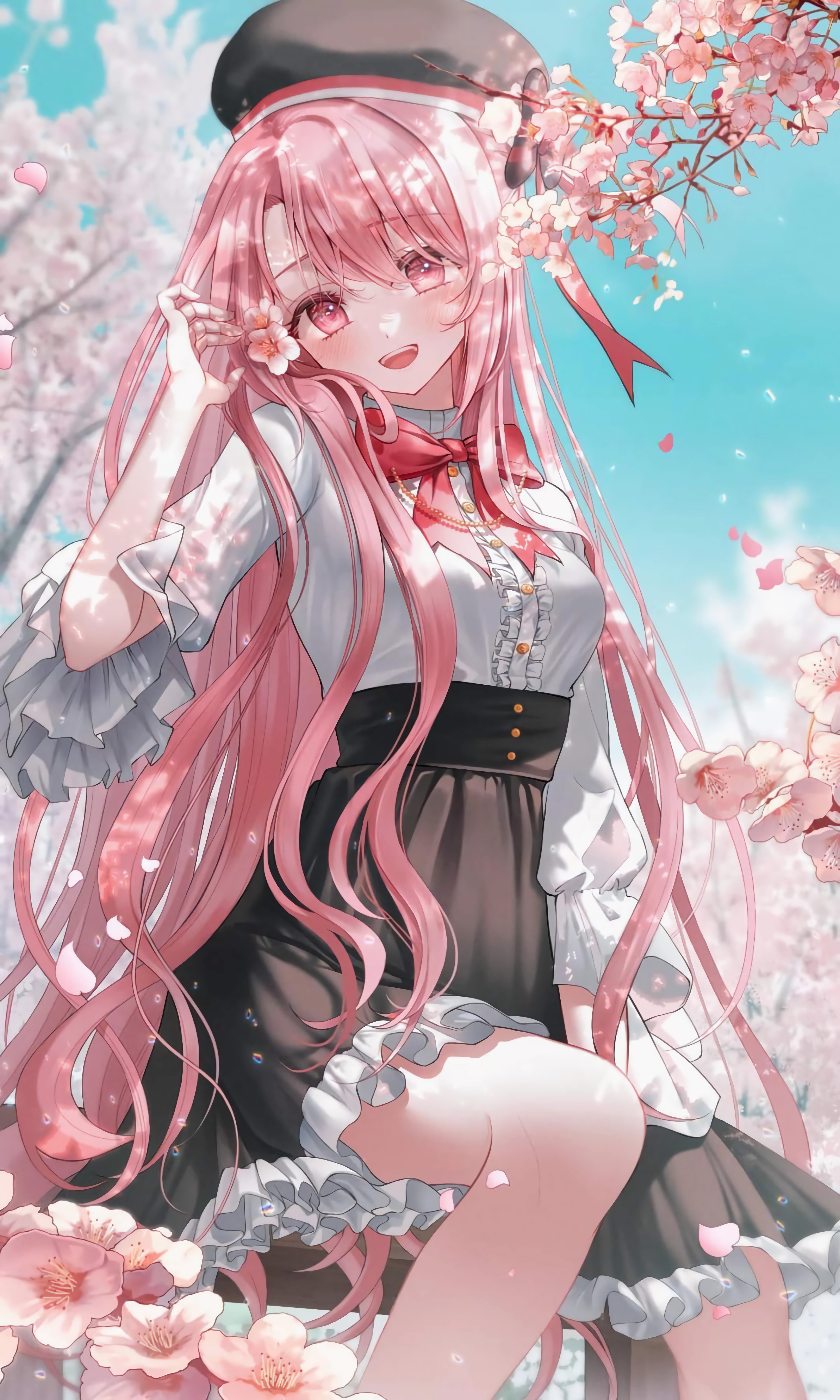 Anime Anime Girls Portrait Display Long Hair Pink Hair Pink Eyes Bow Tie Flowers Uniform Hat Looking 4320x7200