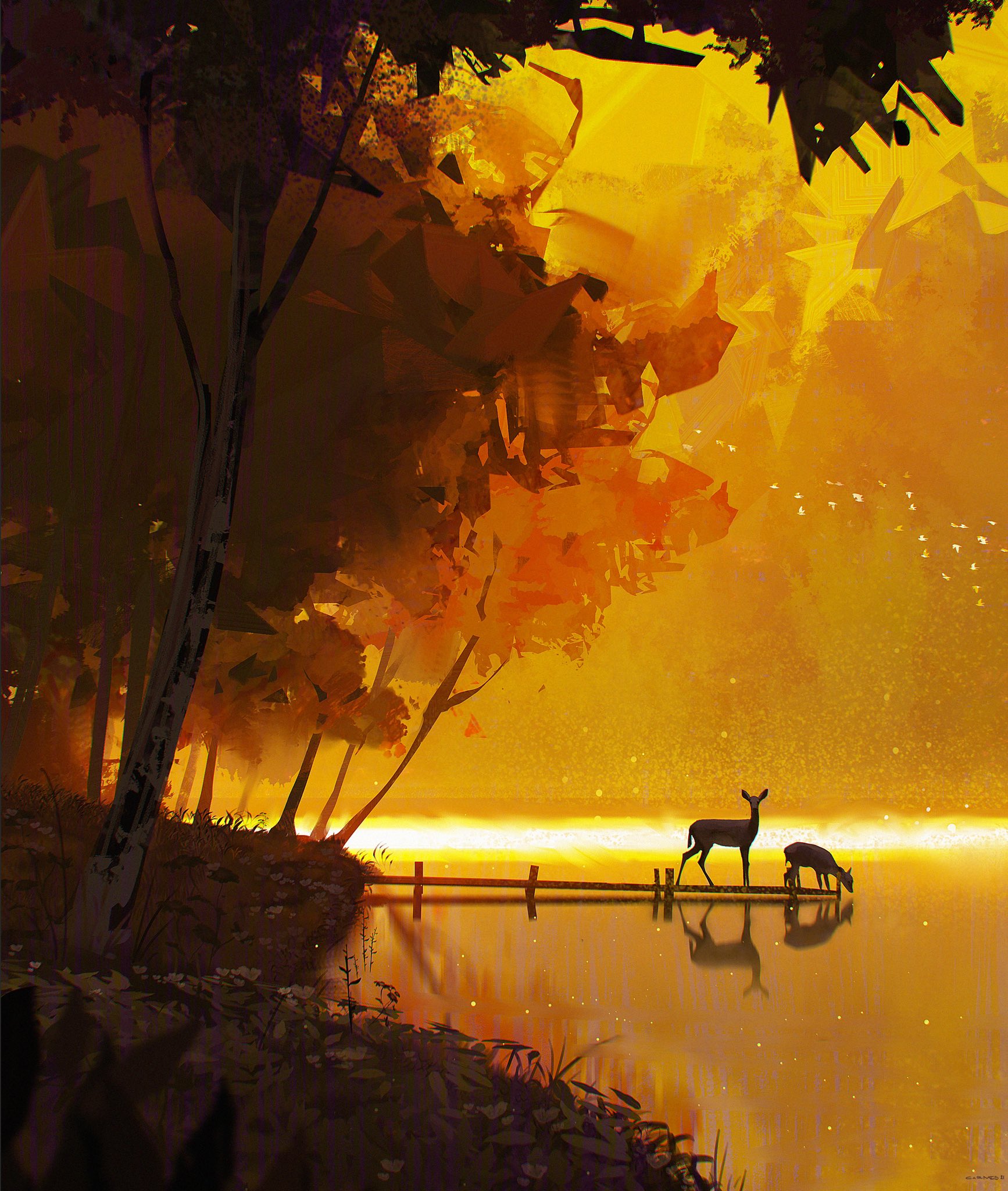 Jocelin Carmes Yellow Digital Painting Digital Art Field Deer Water Reflection Portrait Display Tree 1734x2048