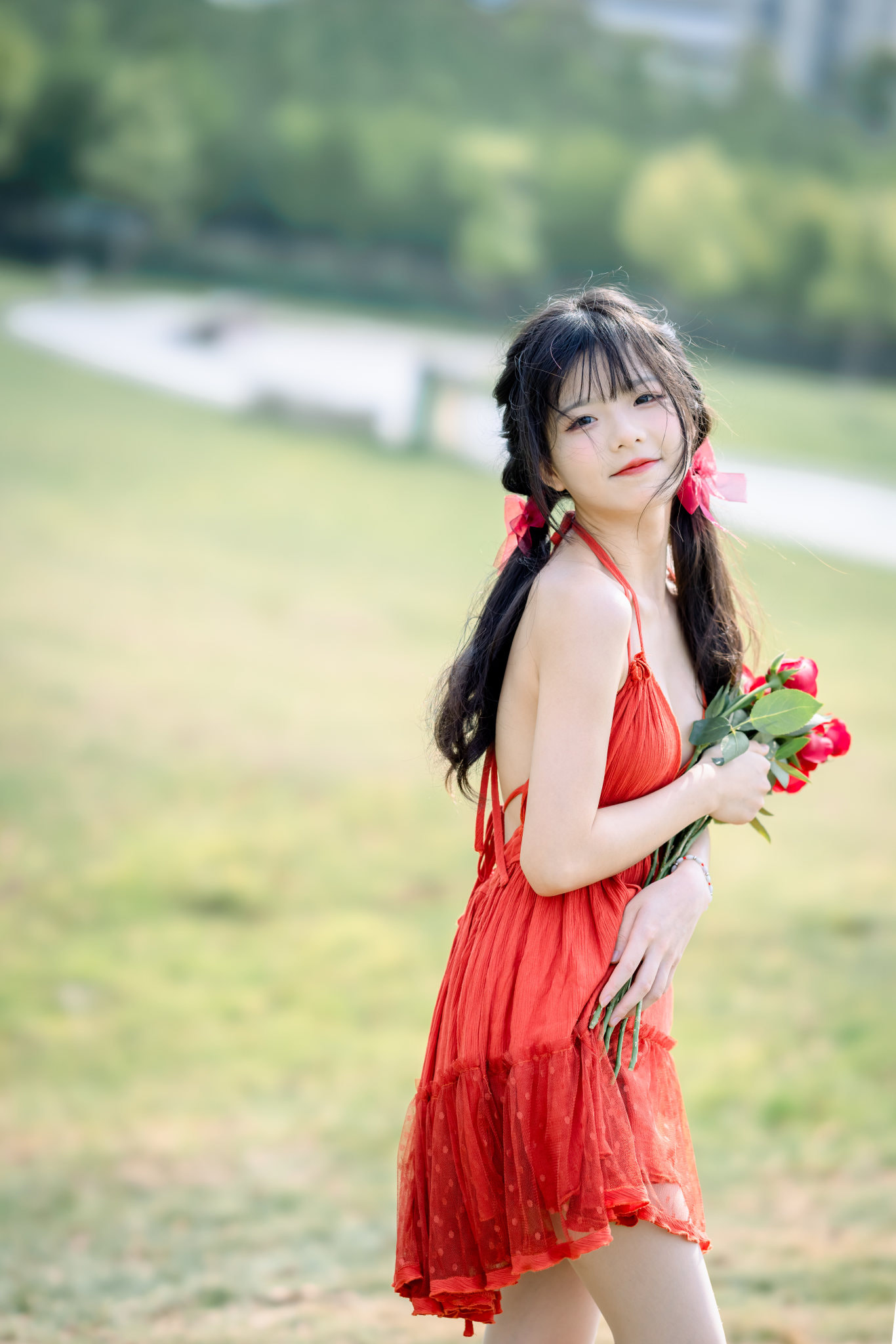Three Portraits Studio Women Asian Dark Hair Twintails Red Clothing Makeup Dress Flowers Lipstick Ou 1366x2048