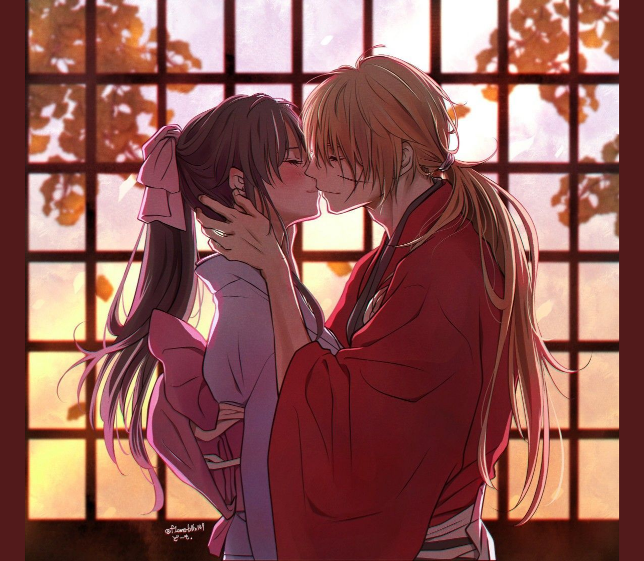 Rurouni Kenshin Himura Kenshin Kamiya Kaoru Anime Anime Boys Anime Girls Kimono Scars Closed Eyes Ki 1280x1114