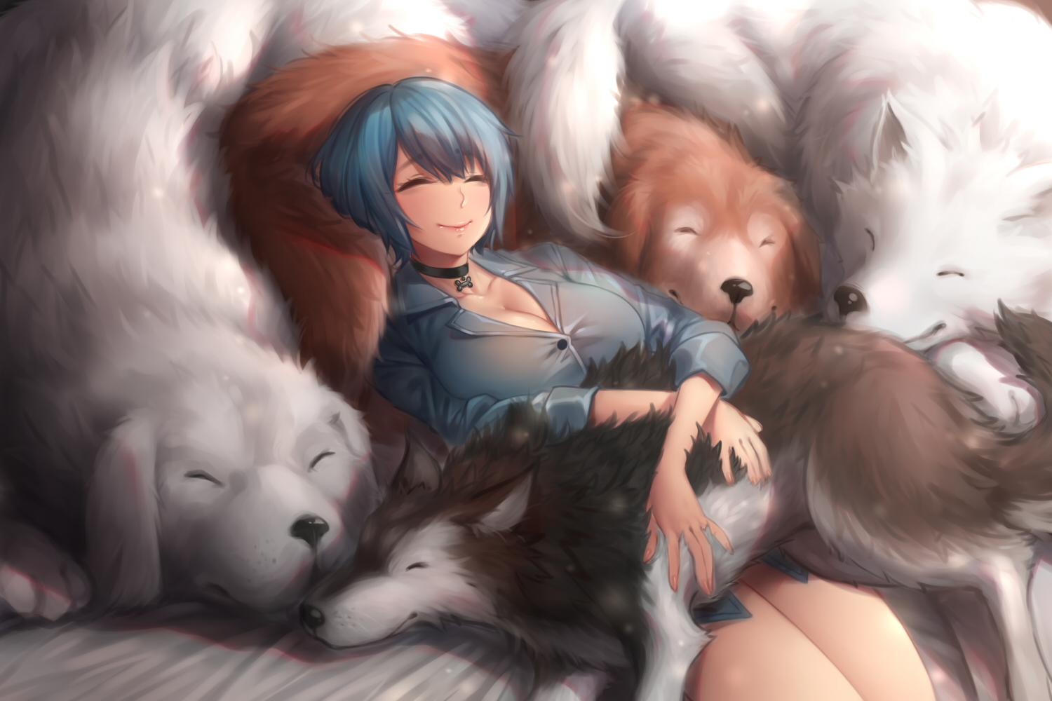 Yin Ting Tian Anime Girls Dog Animals Closed Eyes Sleeping Smiling Blue Hair 1500x1000