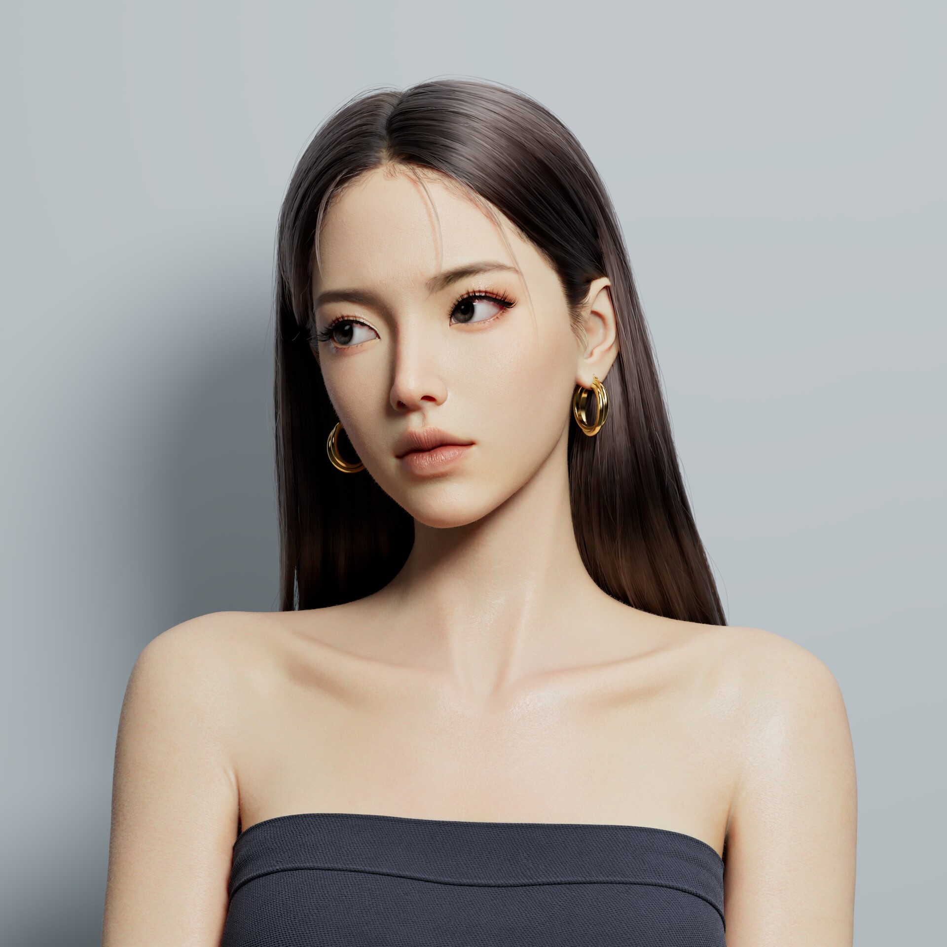 Ling Jie Zeng CGi Women Asian Portrait Brunette Straight Hair Earring Bare Shoulders Simple Backgrou 1920x1920