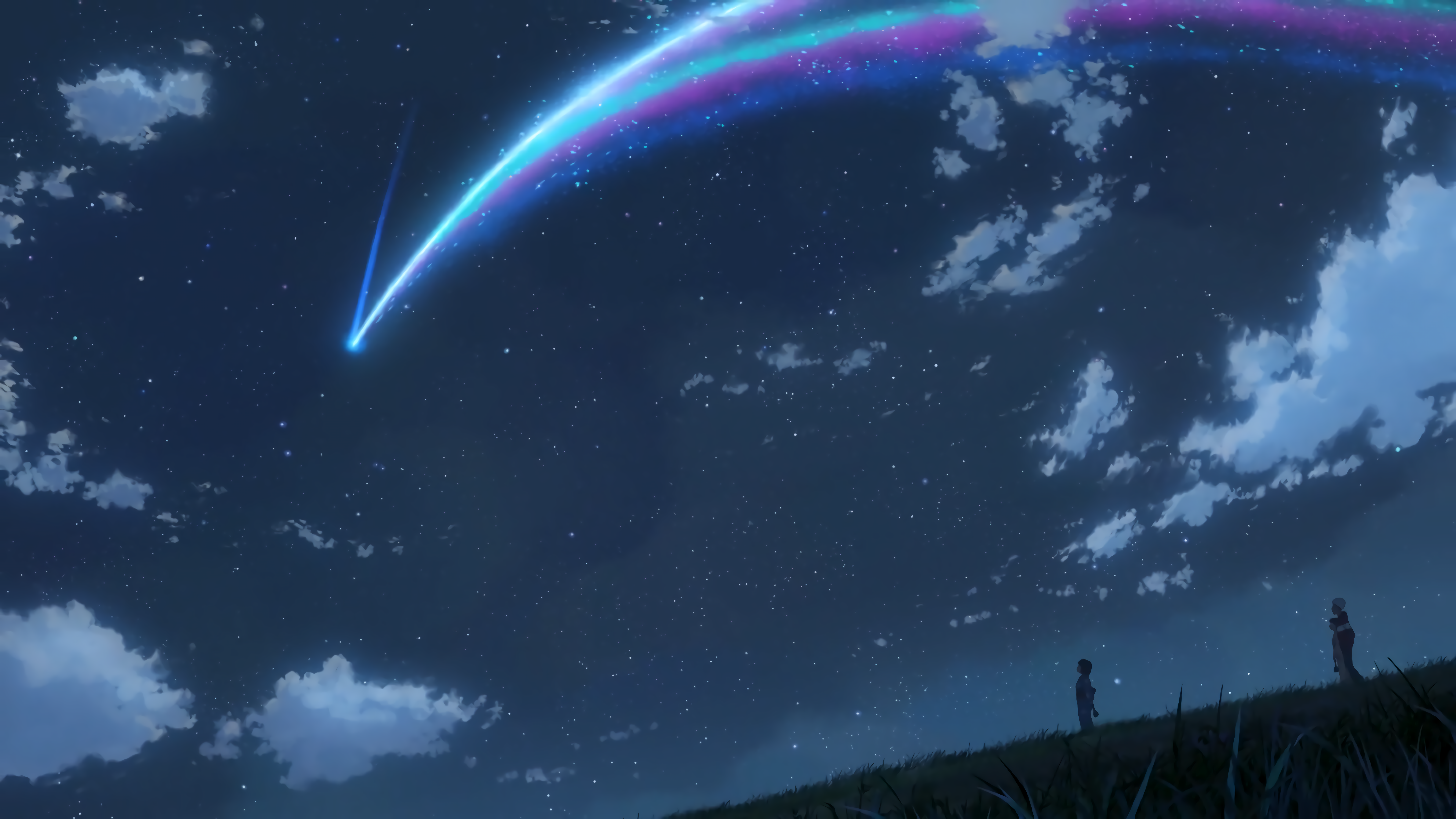 Anime Anime Girls Meteor Streak Cloud Mass Night Sky Starry Night Stars Clouds 7680x4320