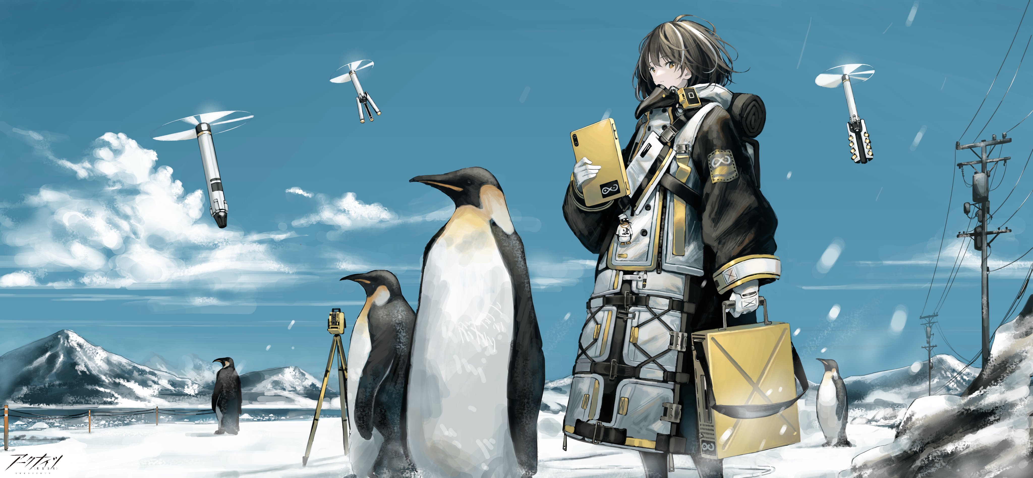 Anime Girls Arknights Penguins Snowing Snow Magallan Arknights Short Hair Sky Clouds Logo Japanese S 4096x1896
