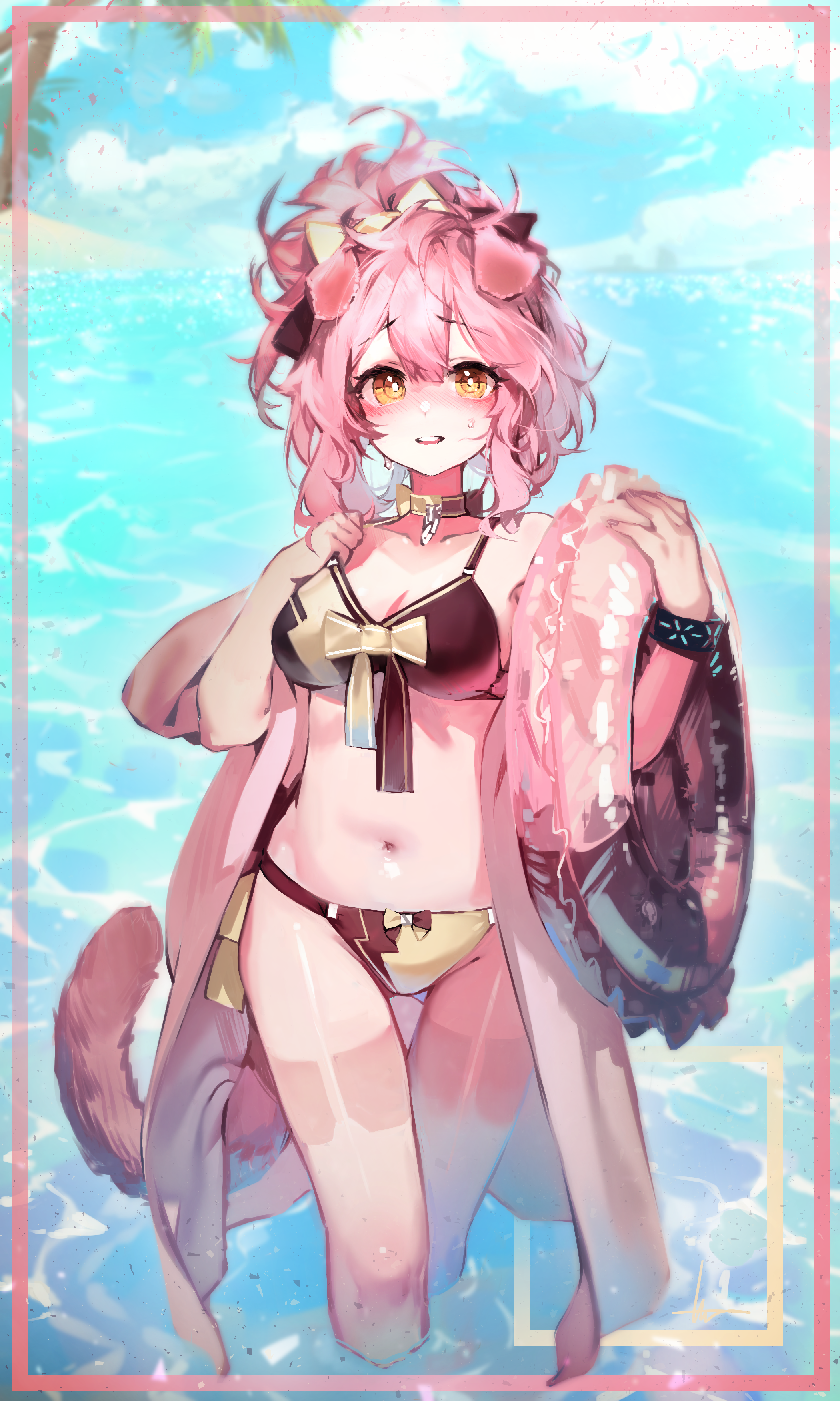 Goldenglow Arknights Arknights Anime Girls Pink Hair Animal Ears Animal Tail Floater Water Yellow Ey 2100x3500