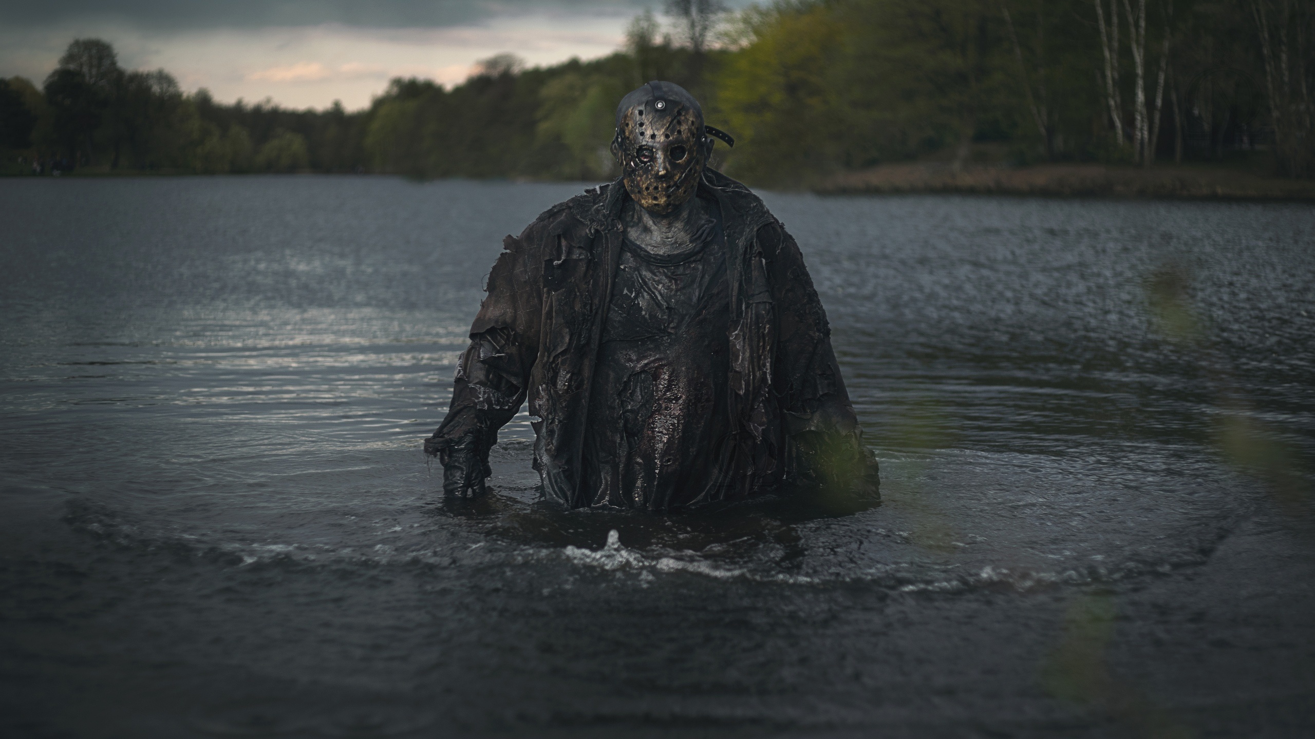 Jason Voorhees Friday The 13th Movies Horror Mask Artwork Water Standing In Water Trees Looking At V 2560x1440
