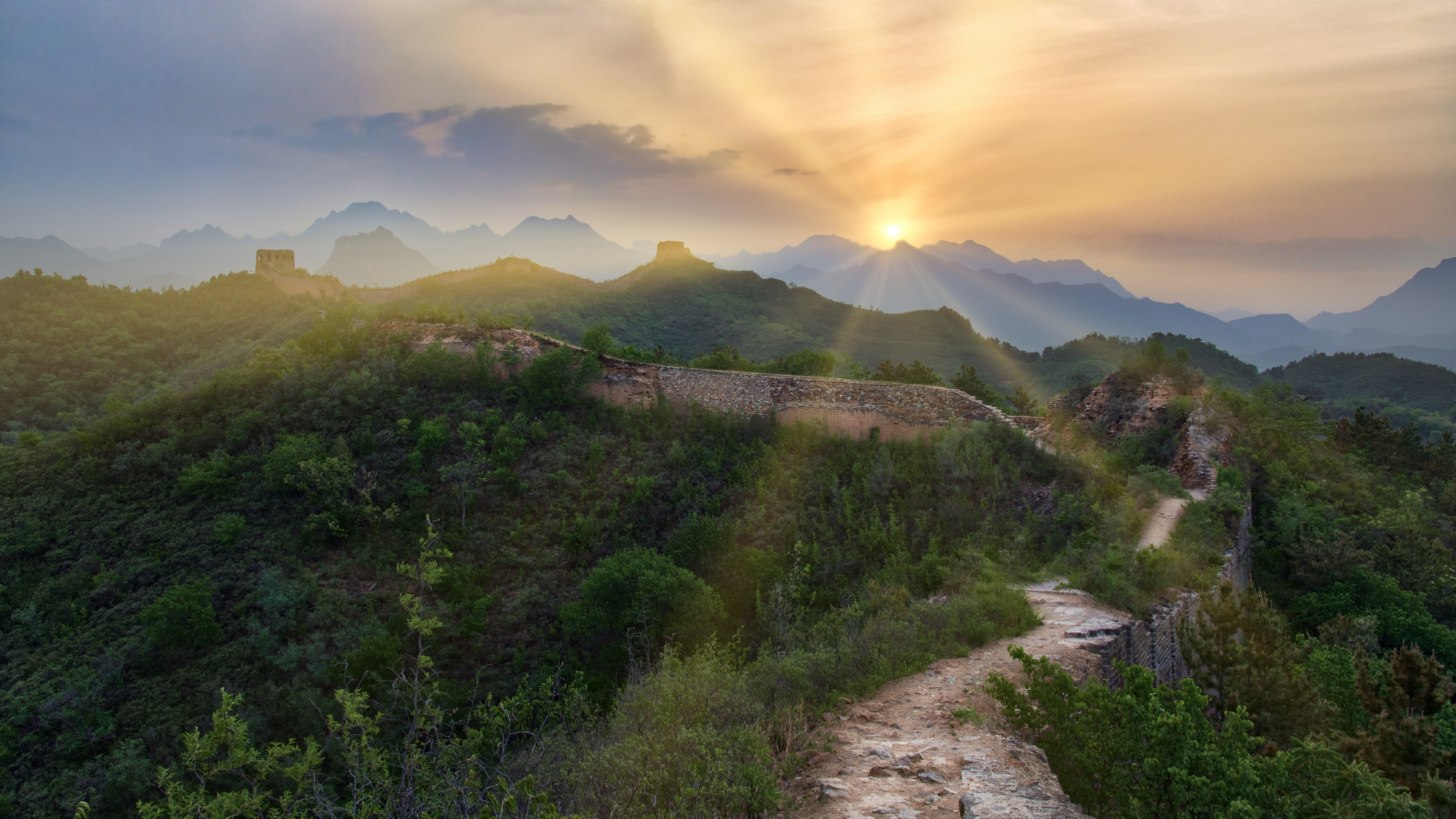 Landscape 4K Mountains Hills Forest Sun Great Wall Of China Beijing Nature Sun Rays 3840x2160