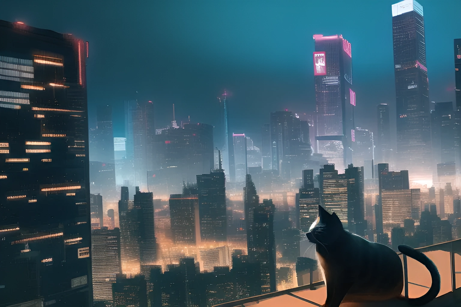 Feline Cyberpunk City Cityscape Neon Skyscraper Artwork Animals Cats 1536x1024