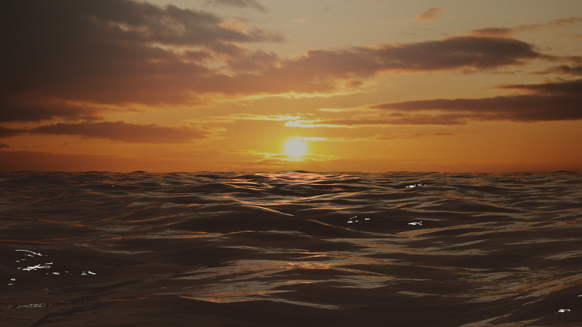 Sun Sunset Water Clouds Render Sea 1920x1080