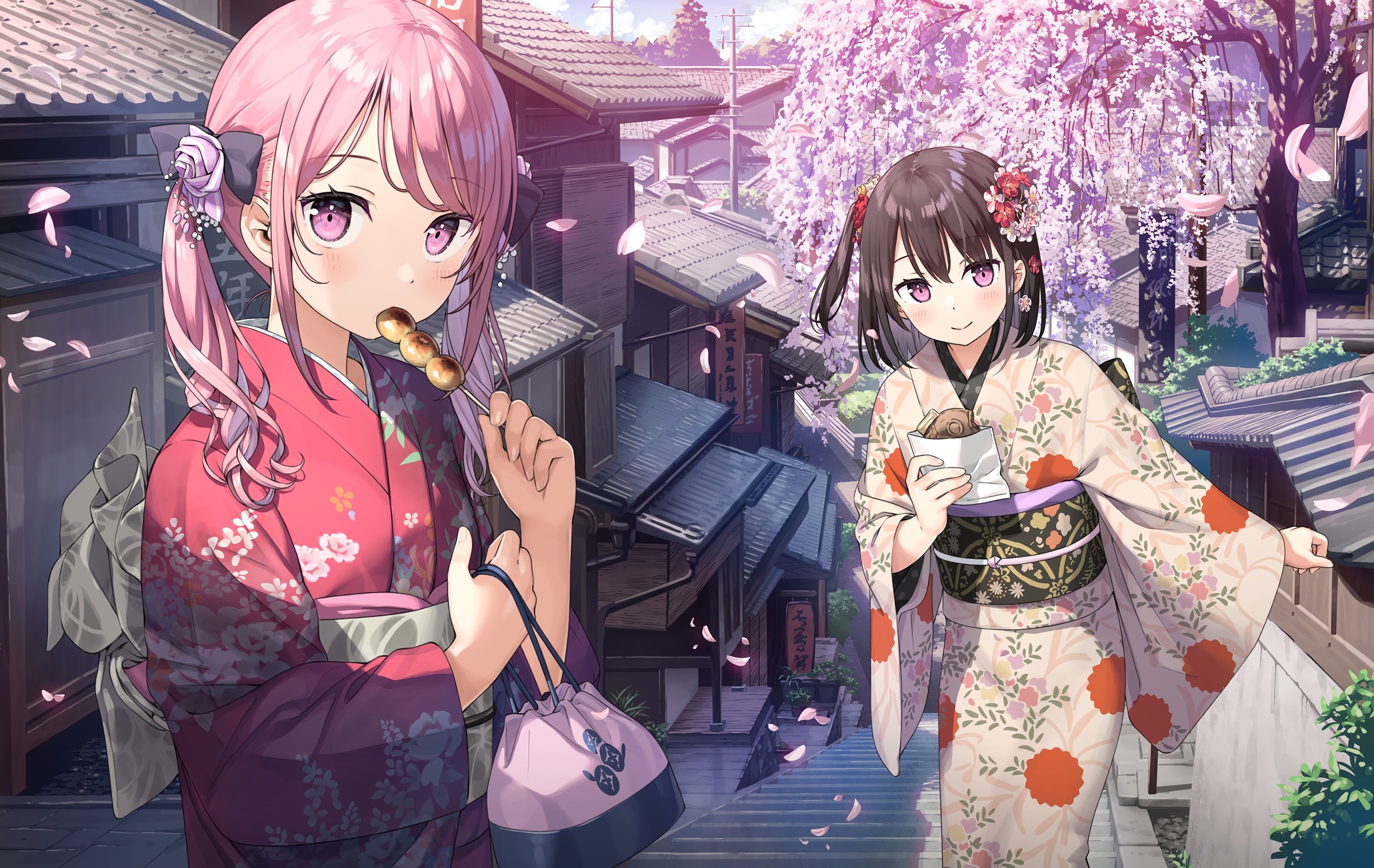 Anime Anime Girls Kimono Blushing Food Anime Girls Eating Cherry Trees Petals Looking At Viewer Stai 2200x1390