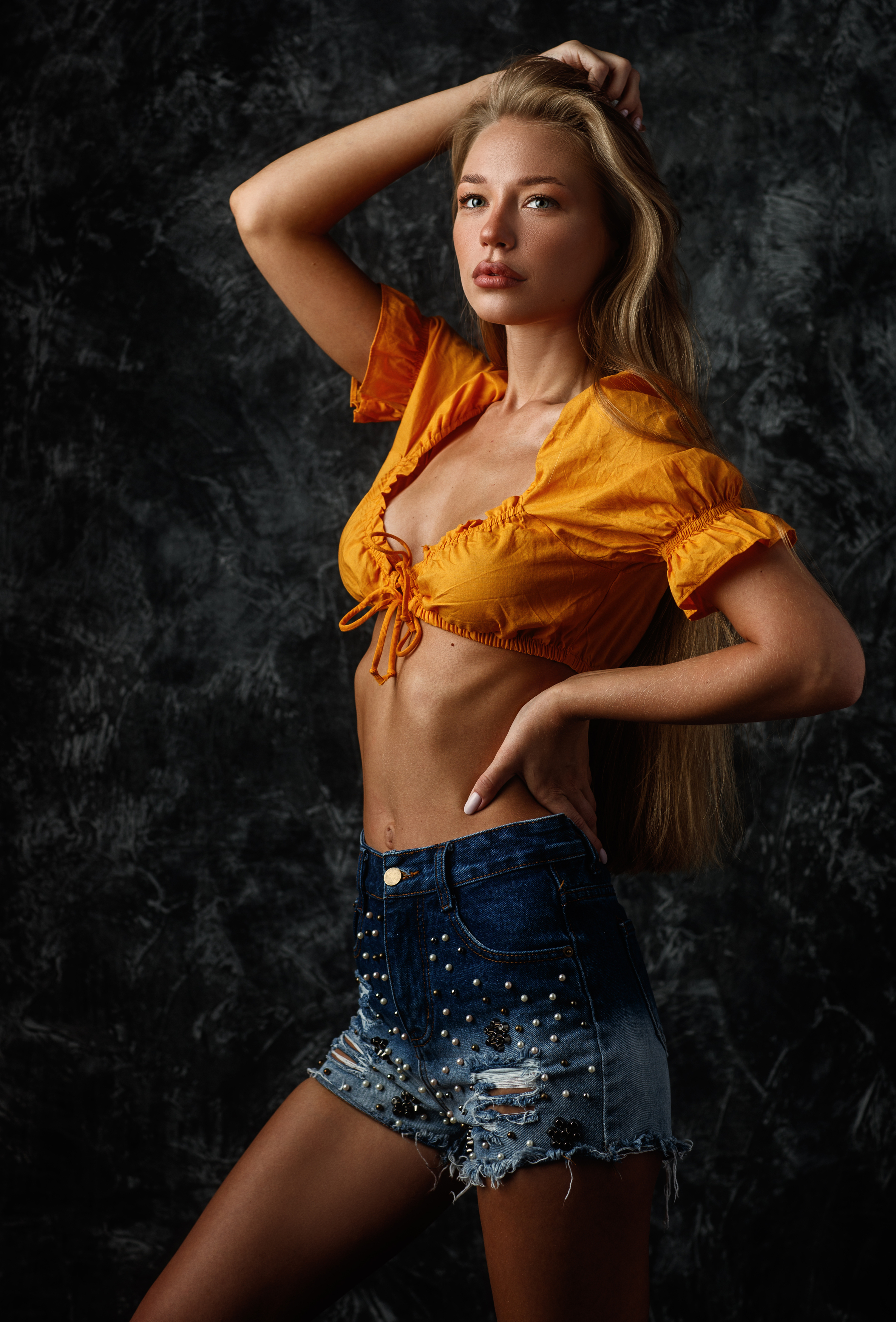 Sergey Sorokin Women Blonde Long Hair Knot Shorts Denim Simple Background Orange Tops 2372x3500