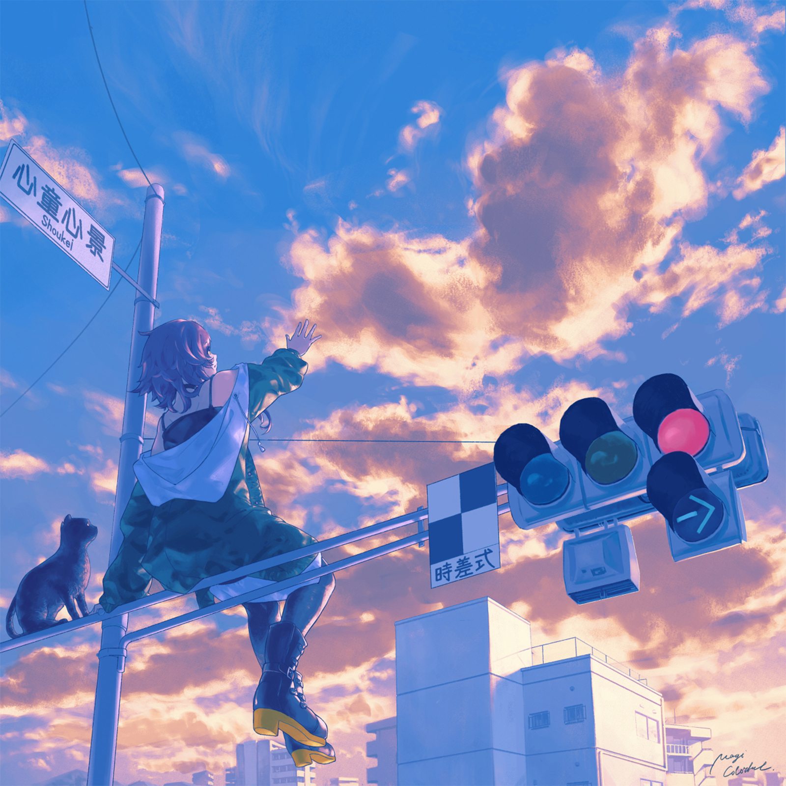 Anime Girls Sky Clouds Sunset Glow Cats Traffic Lights 1600x1600