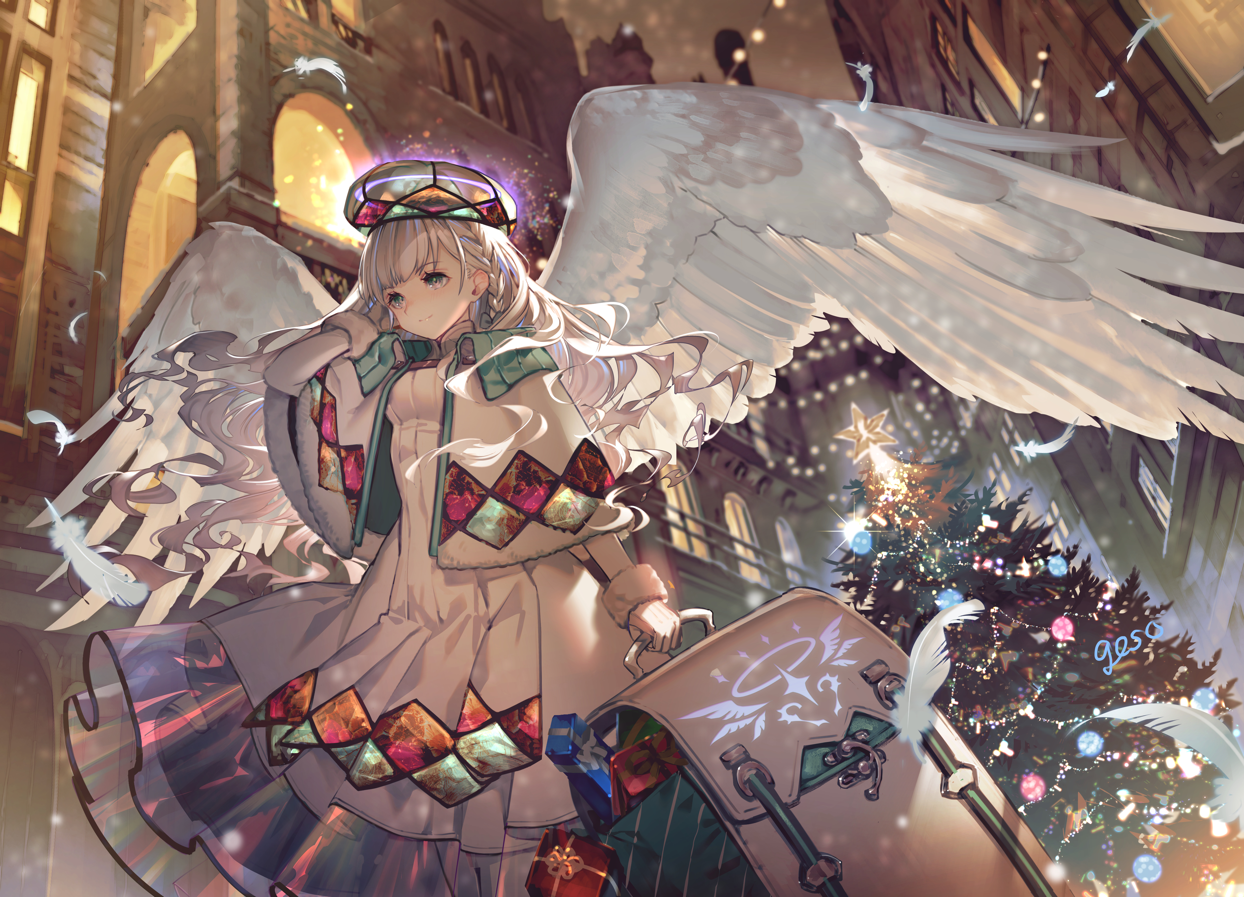 Anime Anime Girls White Hair Anime Girl With Wings Christmas Tree Feathers 4300x3100