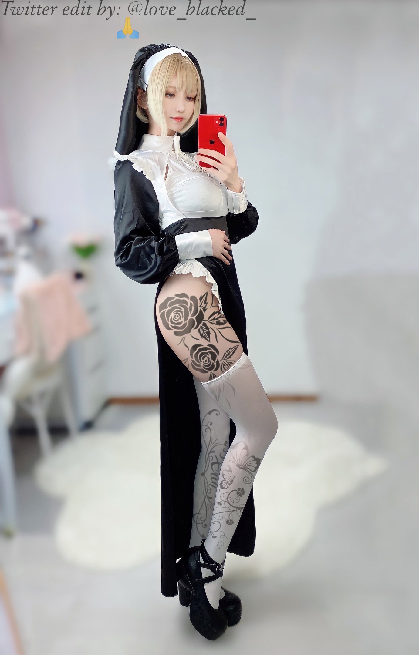 Tattoo High Heels Nun Outfit Asian Women 1381x2160