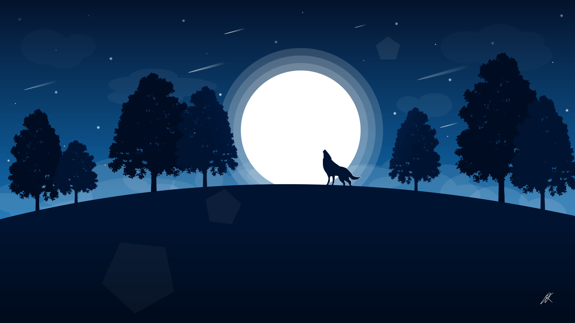 Night Vector Illustration Wolf Animals Moon 1920x1080