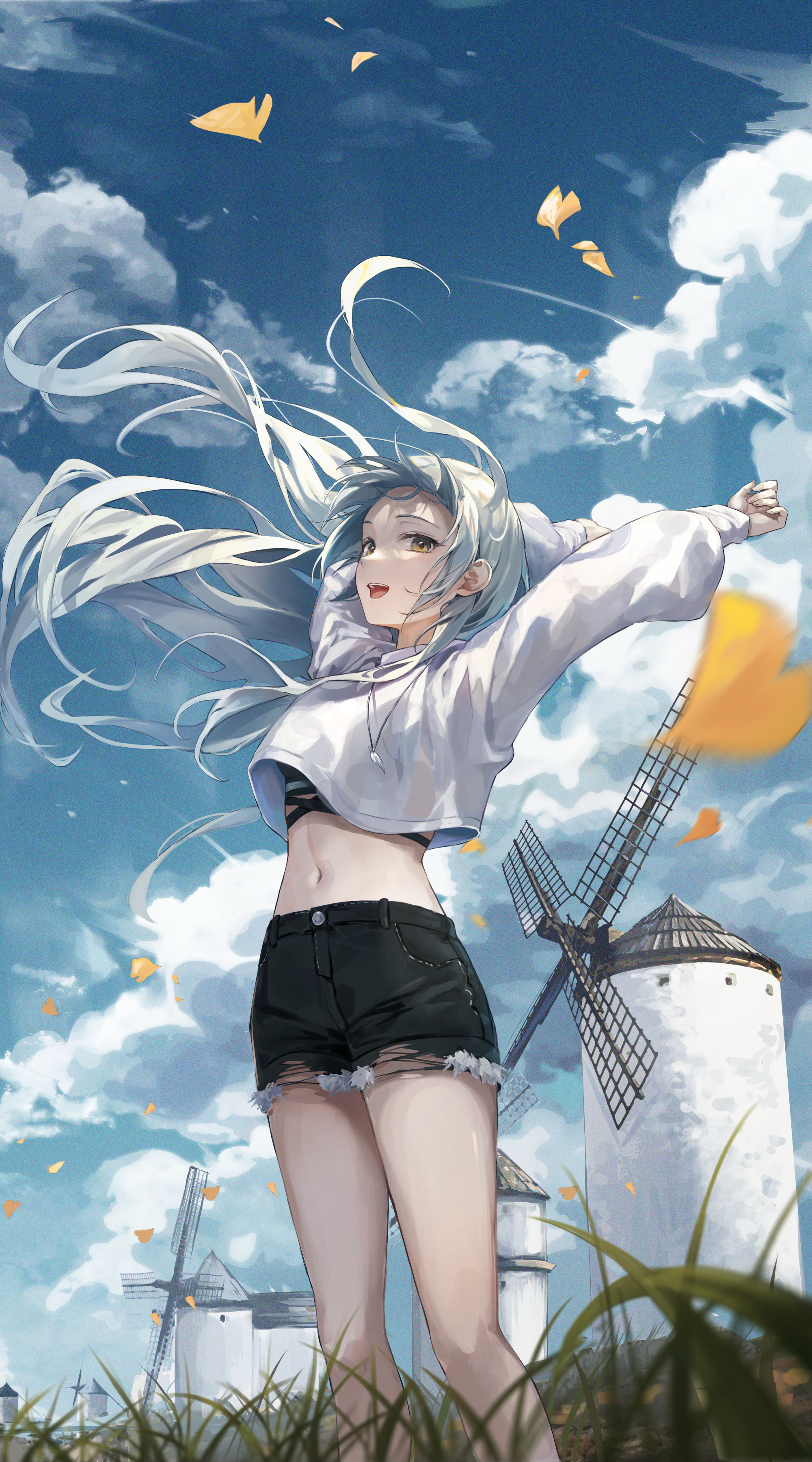 Anime Anime Girls Long Hair White Hair Yellow Eyes Arms Up Windmill Shorts Low Angle Looking Below L 2000x3600
