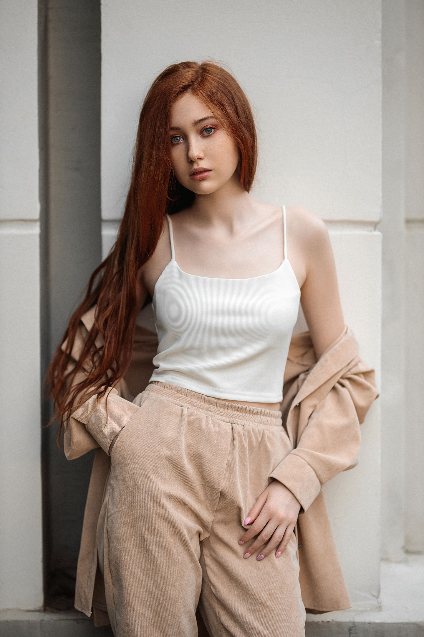 Vladimir Vasilev Women Redhead Long Hair Straight Hair Blue Eyes Tank Top White Clothing Jacket Pant 1440x2160