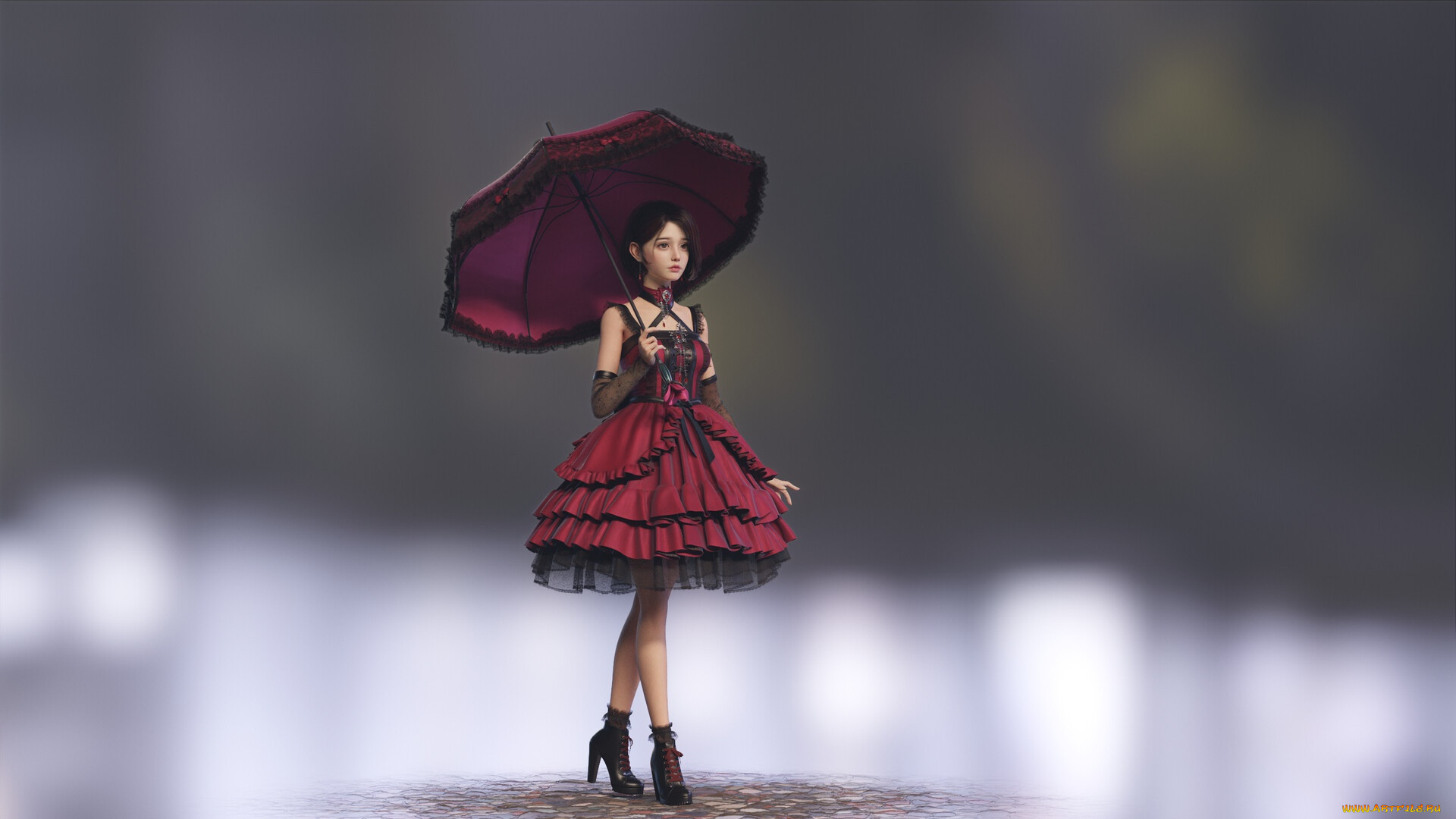 Asian Women Artwork Digital Art Umbrella Women With Umbrella Dress Red Dress Heels Standing Black He 1920x1080