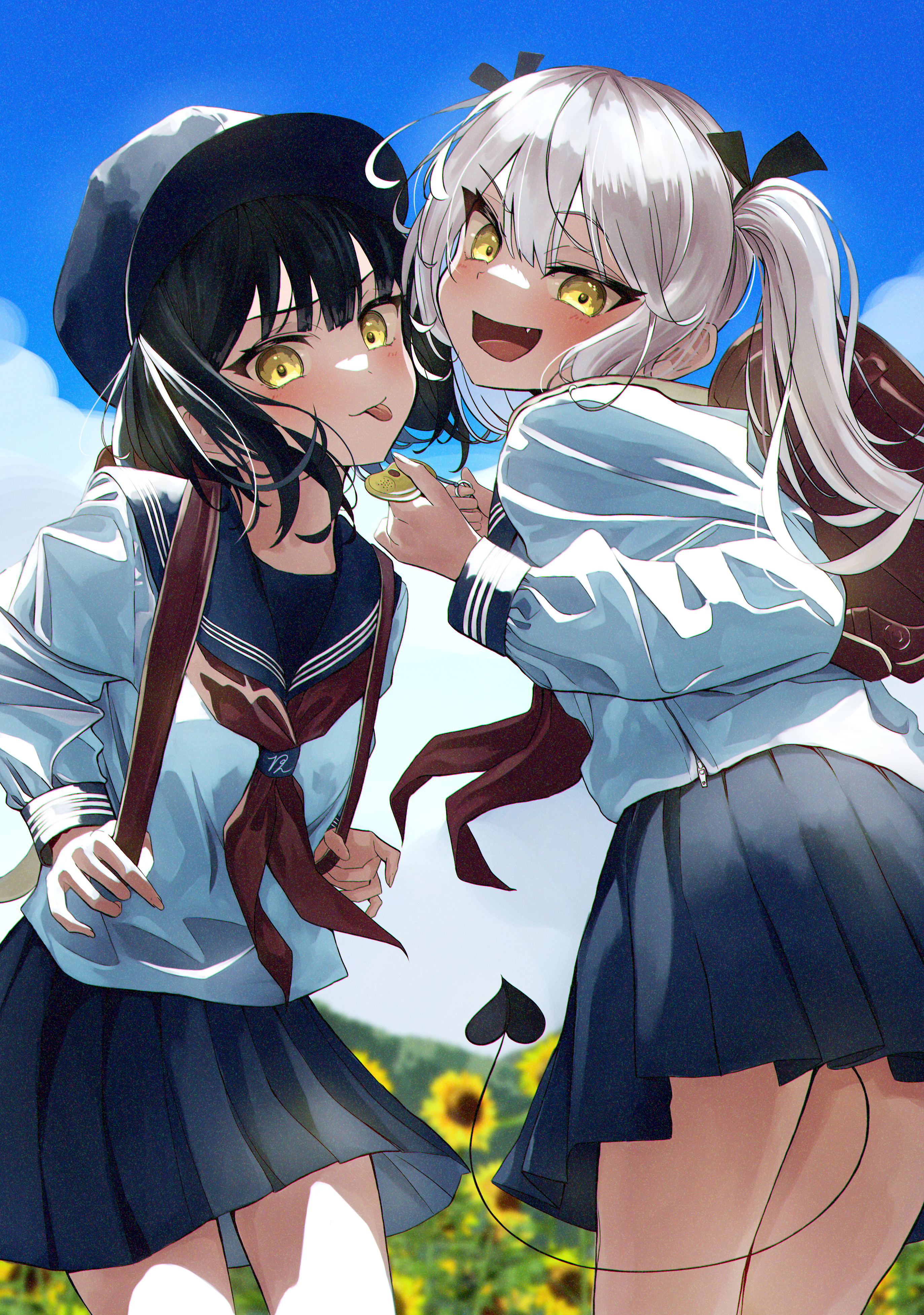 School Uniform Serafuku Yellow Eyes Anime Girls Fate Series Tongue Out Demon Tail Hat Backpacks Twin 2746x3906