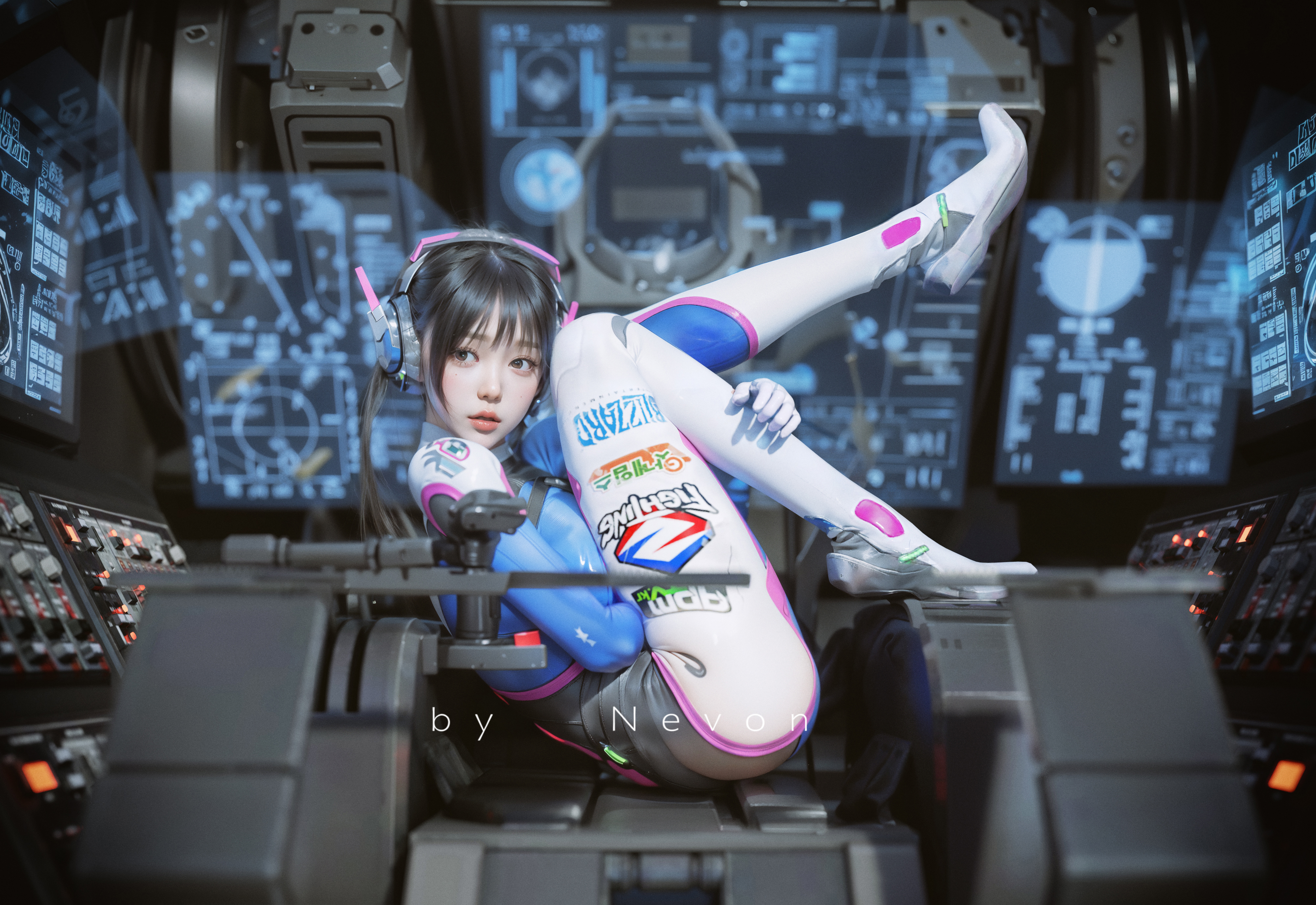 Nevon Digital Art Artwork Illustration CGi Women Science Fiction Futuristic Sitting D Va Overwatch D 4000x2750