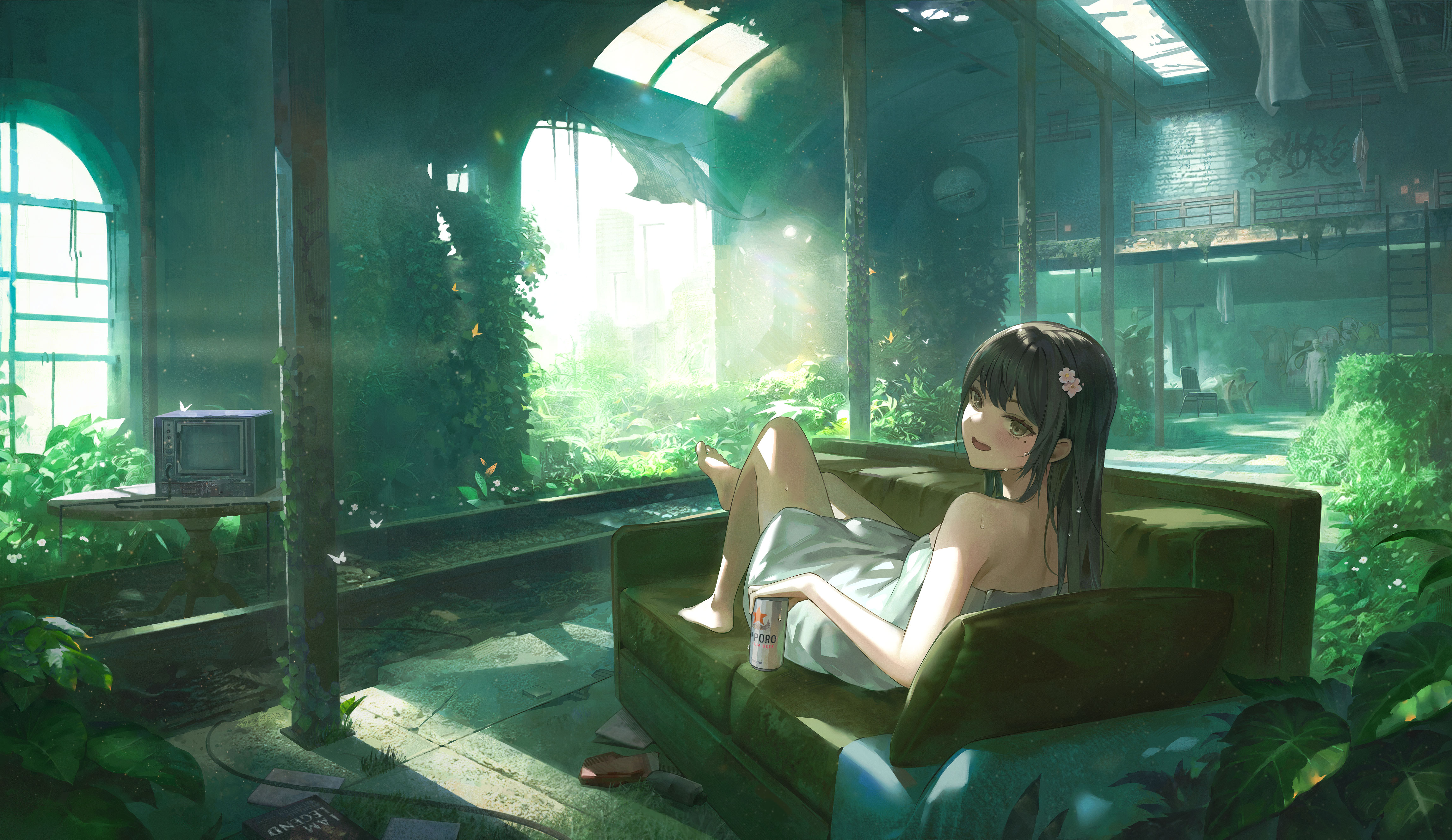 Anime Anime Girls Couch Leaves Lying On Couch Beer Looking Back Open Mouth Plants Towel Lying On Bac 4592x2657