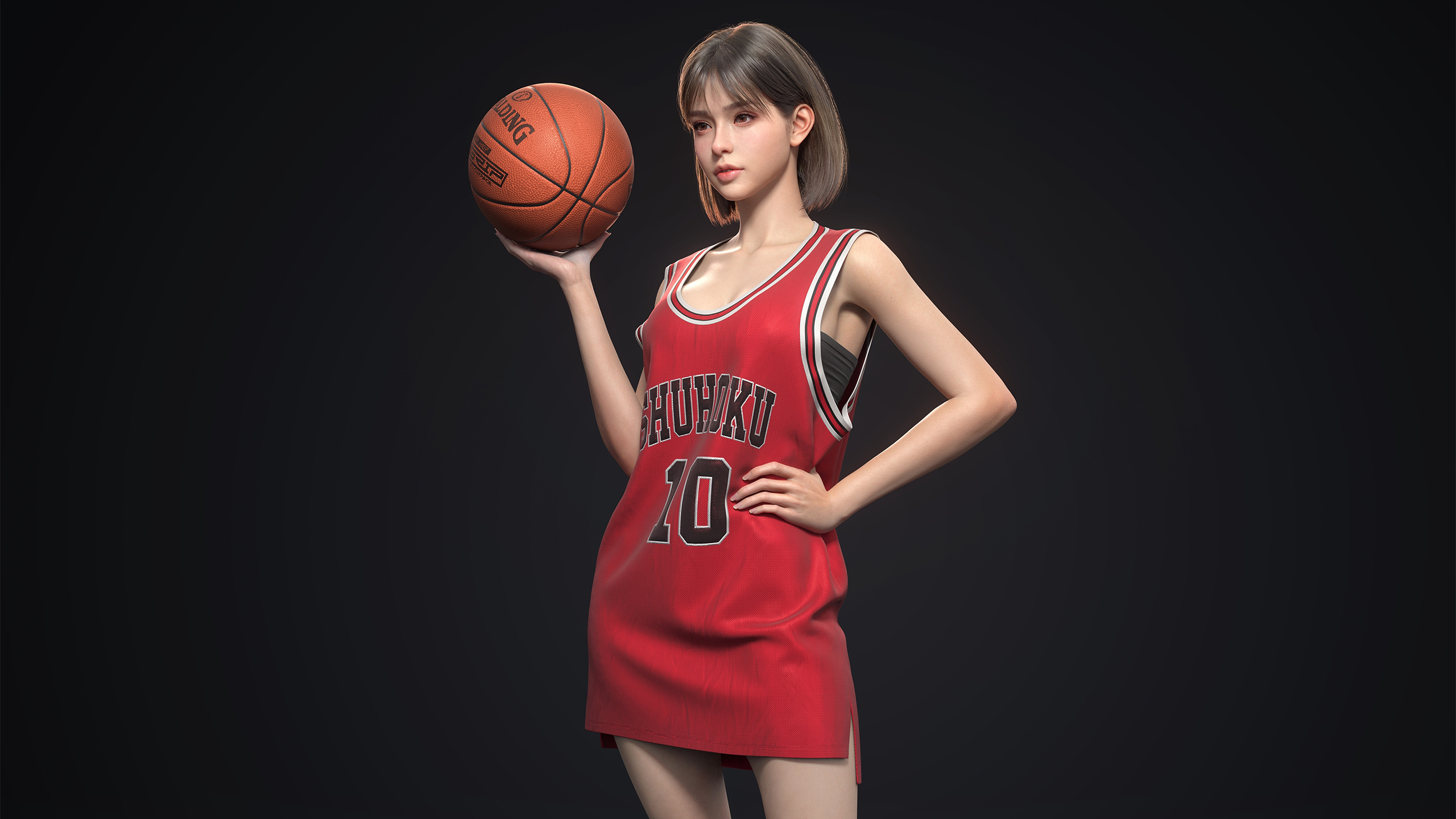 Slam Dunk Simple Background Basketball Sportswear Red Clothing Short Hair Euginnx Wu CGi Asian Women 2560x1440