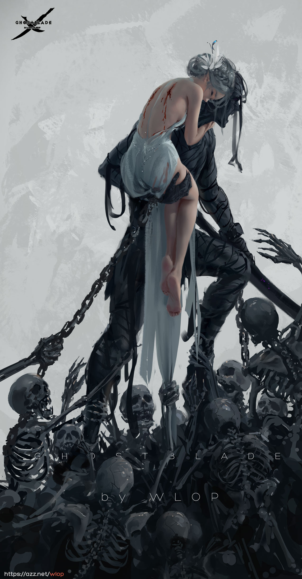 WLOP Women Drawn Fantasy Girl Fantasy Art Skeleton Ghostblade 1142x2192
