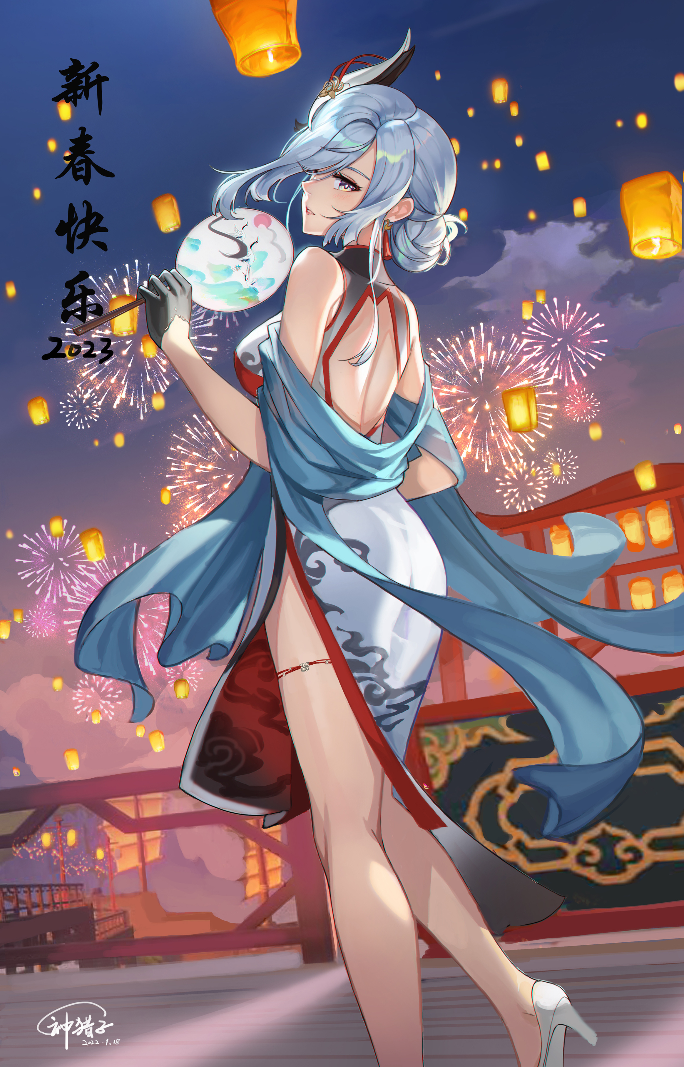 Anime Girls Anime Shenhe Genshin Impact Vertical Fireworks Japanese White Heels Genshin Impact Lante 2327x3629