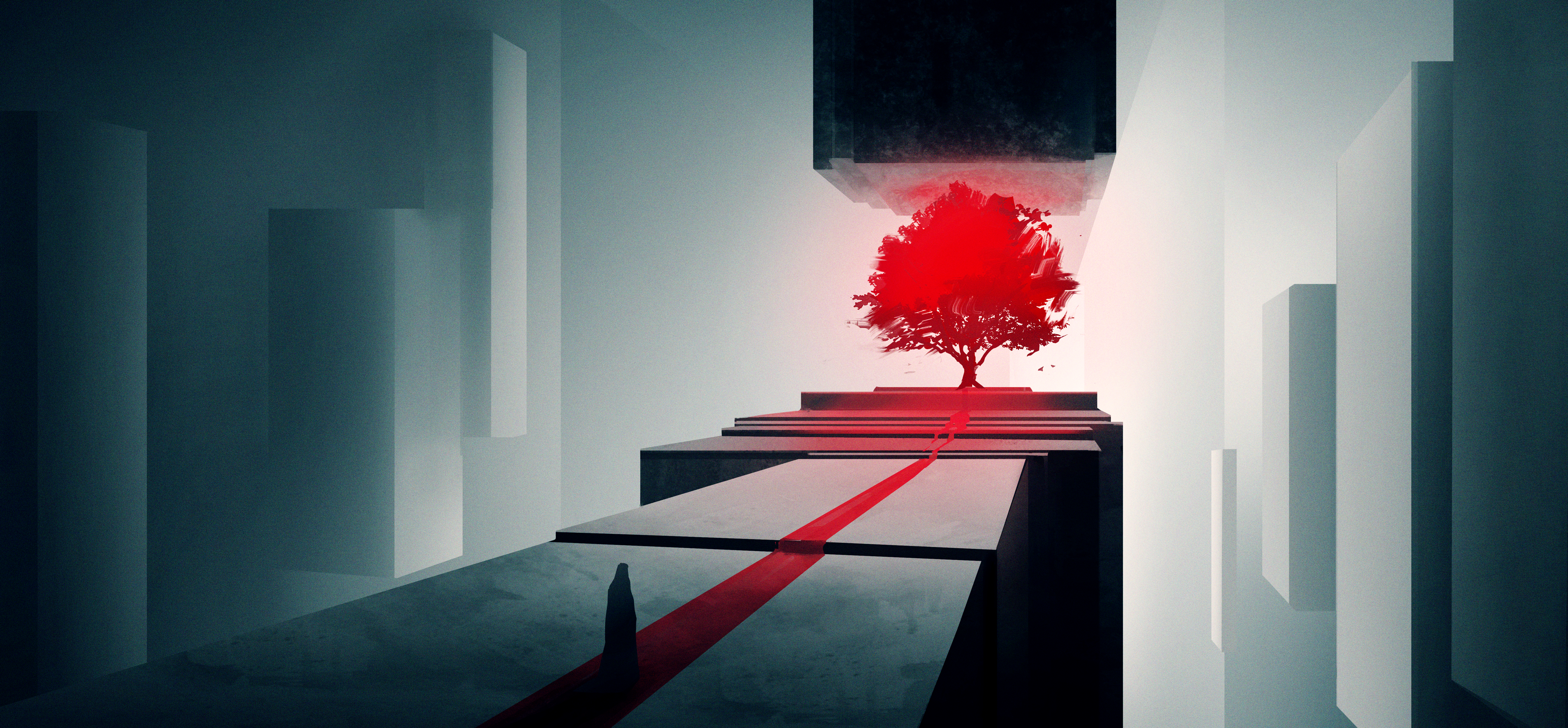 Minimalism Red Trees Control Digital Art Video Games 4000x1856