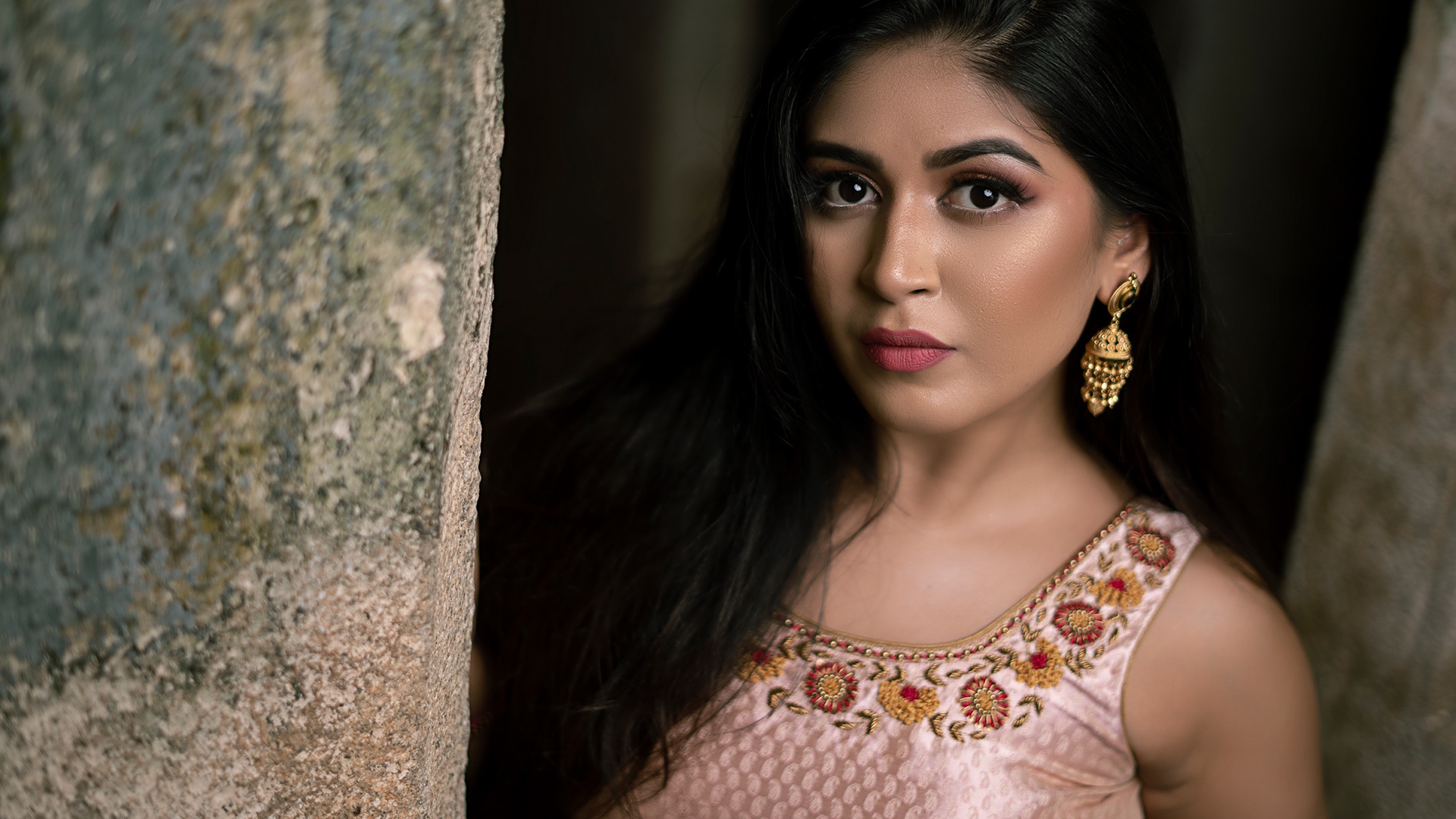 Indian Bollywood Earrings Lips Brown Eyes Black Hair 1920x1080