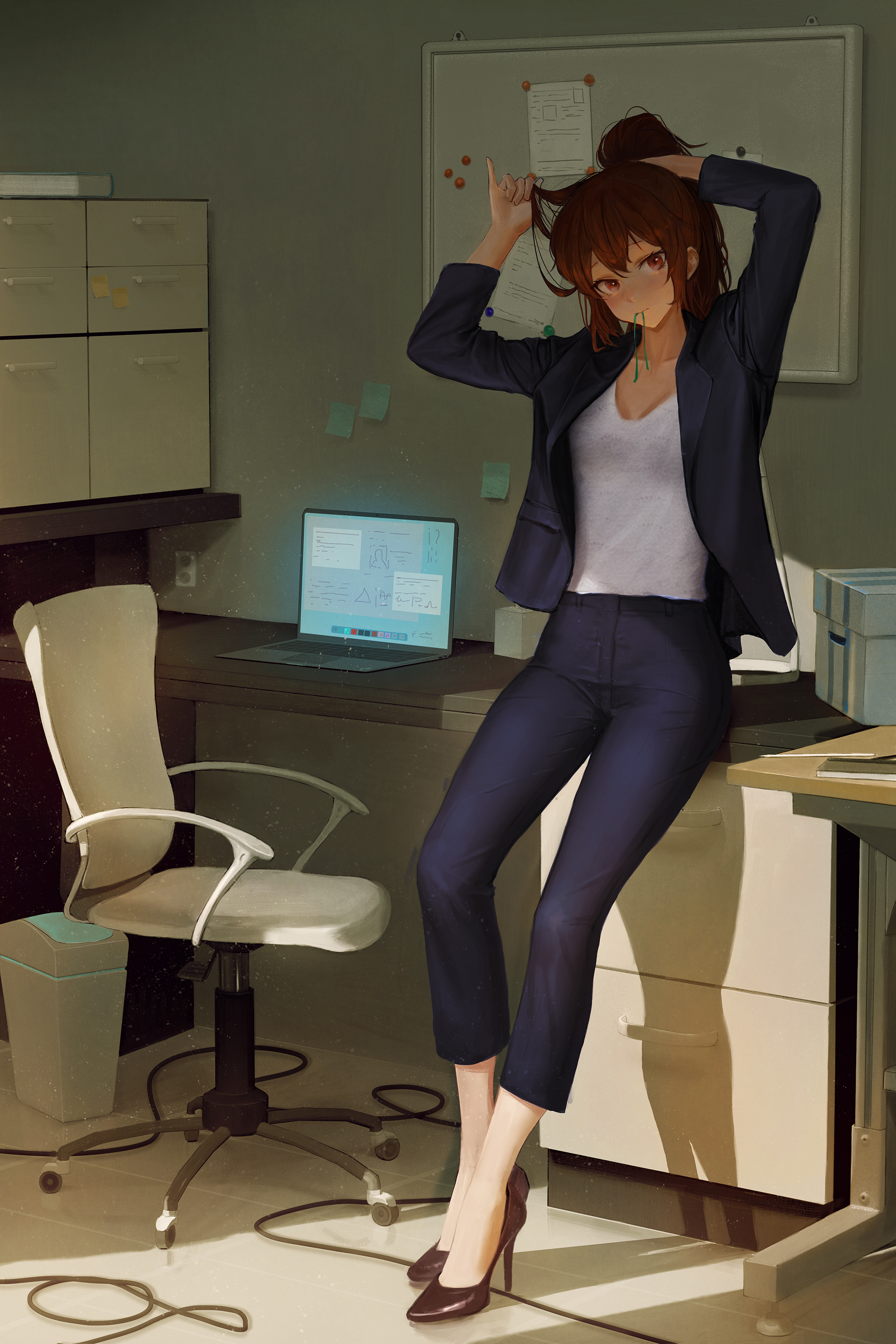 Anime Anime Girls Vertical Office Girl Heels Office Laptop Ponytail 2000x3000