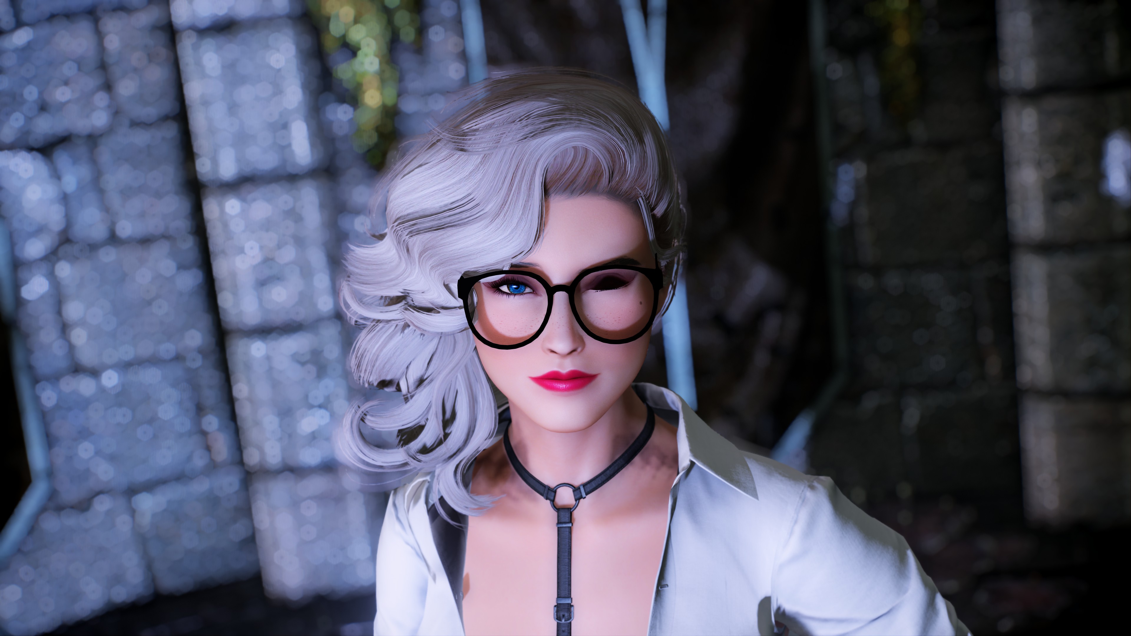 White Hair Looking At Viewer CGi Office Girl Glasses One Eye Closed Blurred Blurry Background 3840x2160