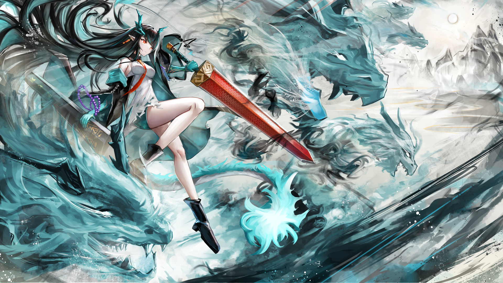 Anime Anime Girls Arknights Dusk Arknights Long Hair Weapon Sword Creature Pointy Ears Tail Dragon T 1920x1080