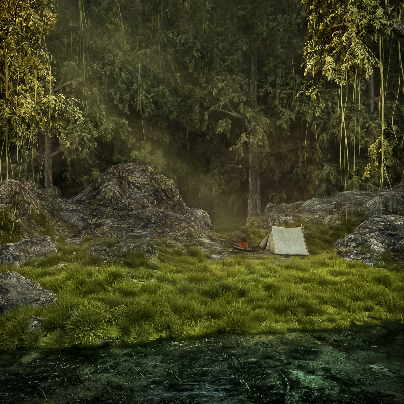 CGi Forest Grass Tent Sunlight Trees Reflection Particular Deep Forest Rocks OctaneRender Cinema 4D  1400x1400