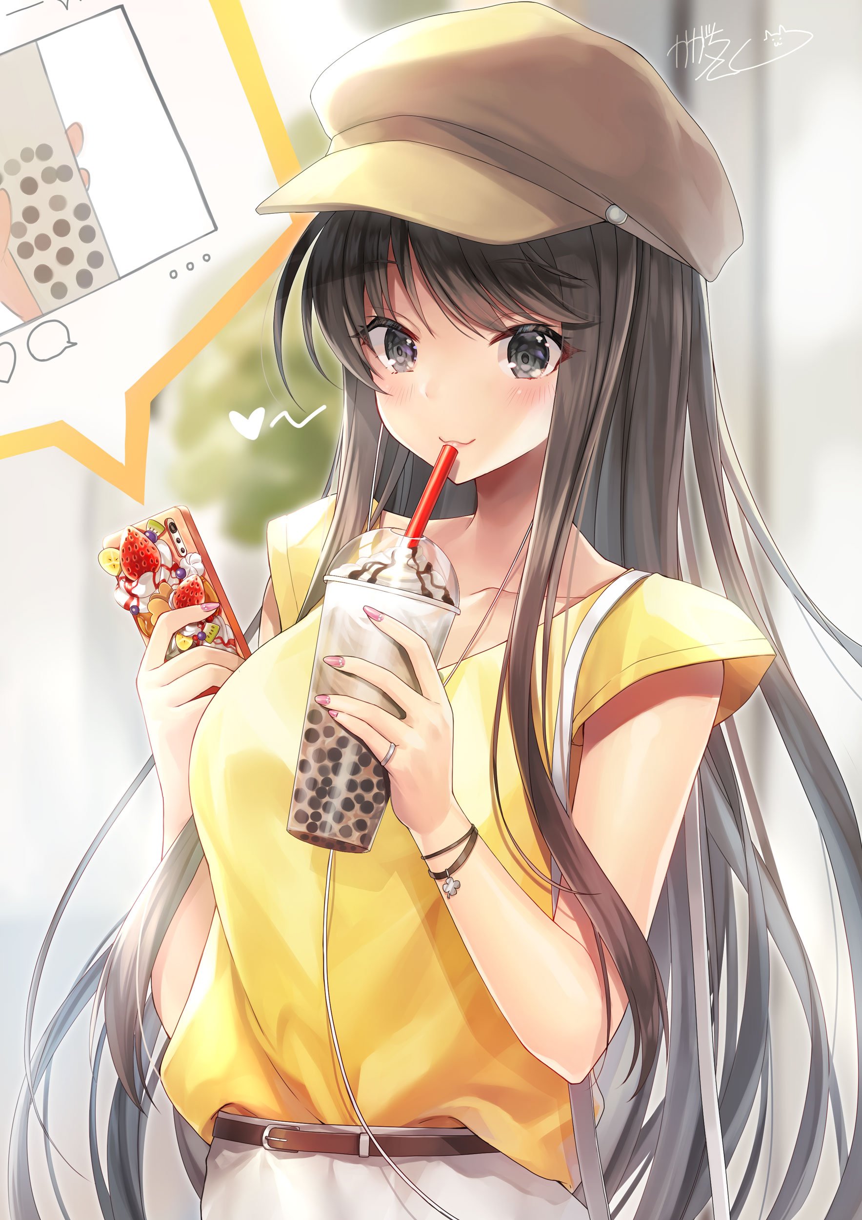 Anime Anime Girls Kagachi Saku Food Sweets Hat Women With Hats Brunette Long Hair Yellow Shirt Yello 1767x2500