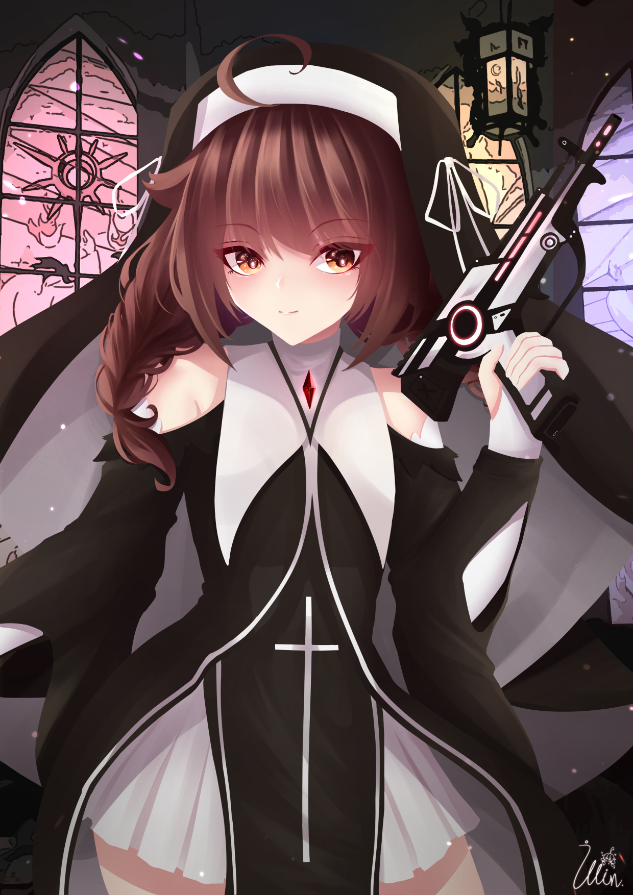 Anime Anime Girls Original Characters Solo Artwork Digital Art Fan Art Girl With Weapon Nuns Looking 1240x1754