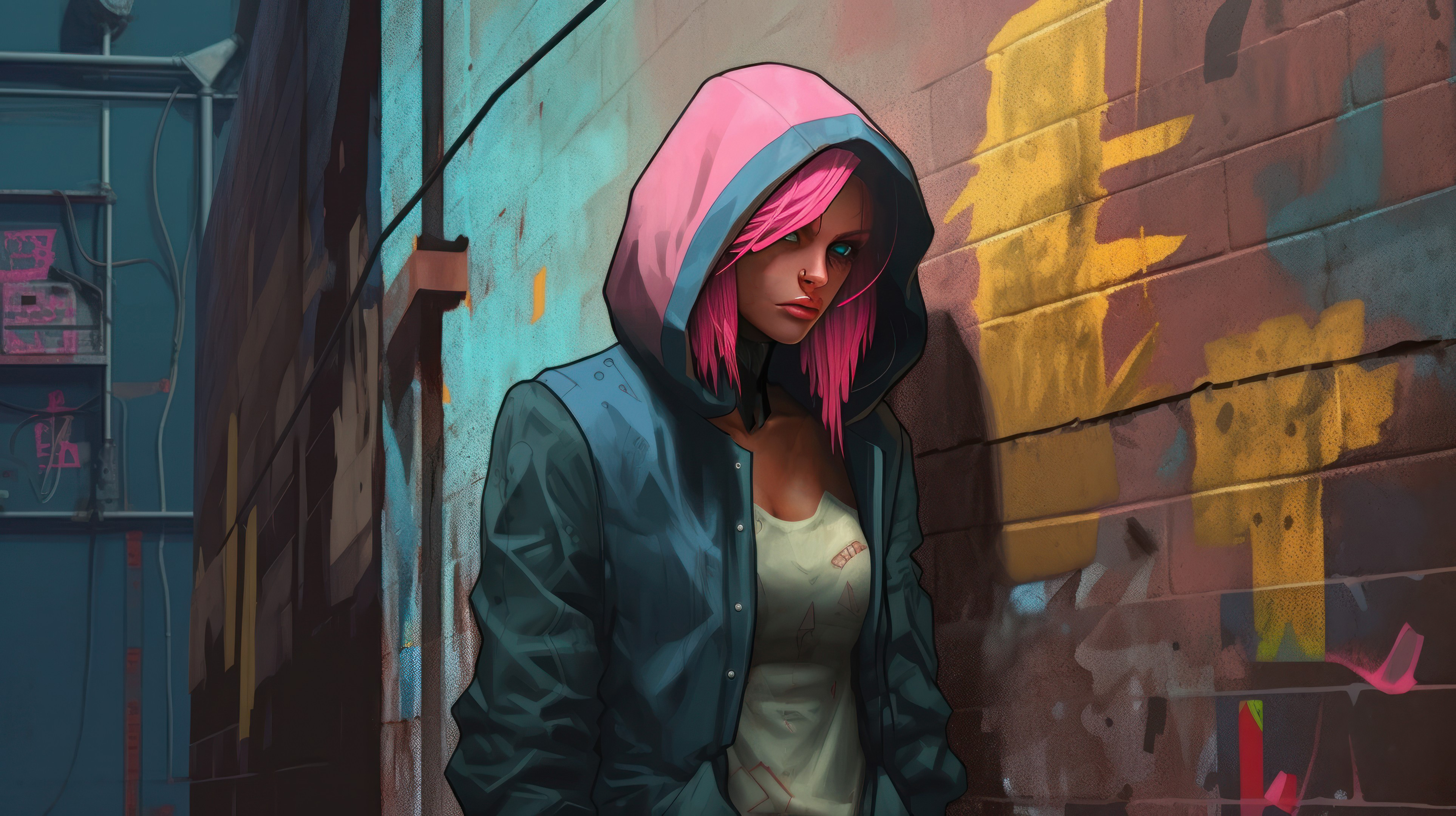 Women Comics Pink Hair Hooded Jacket Alleyway Ai Art 3854x2160