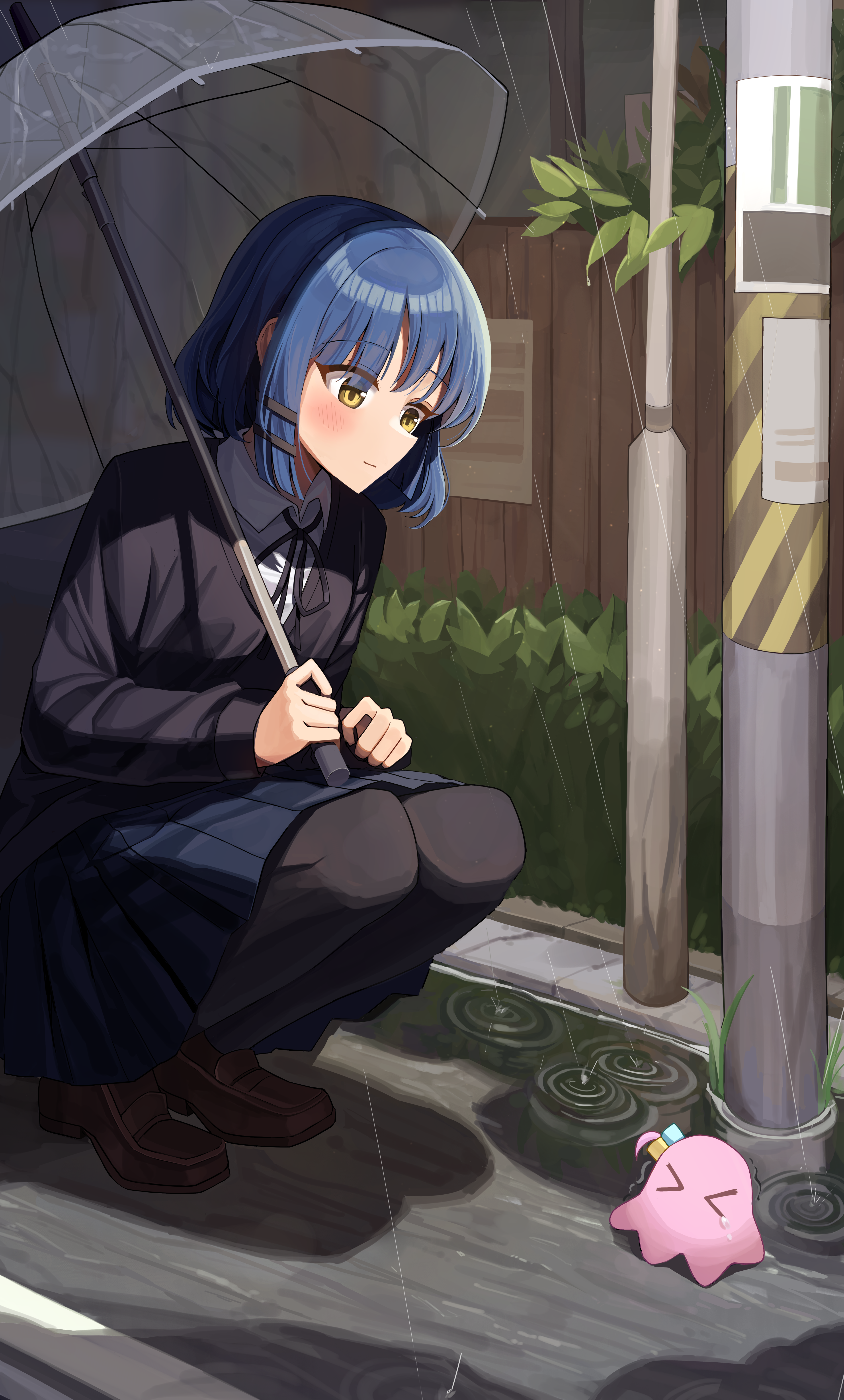 Anime Girls Rain Umbrella Creature Water Schoolgirl School Uniform Blushing Short Hair Leaves Vertic 3808x6312