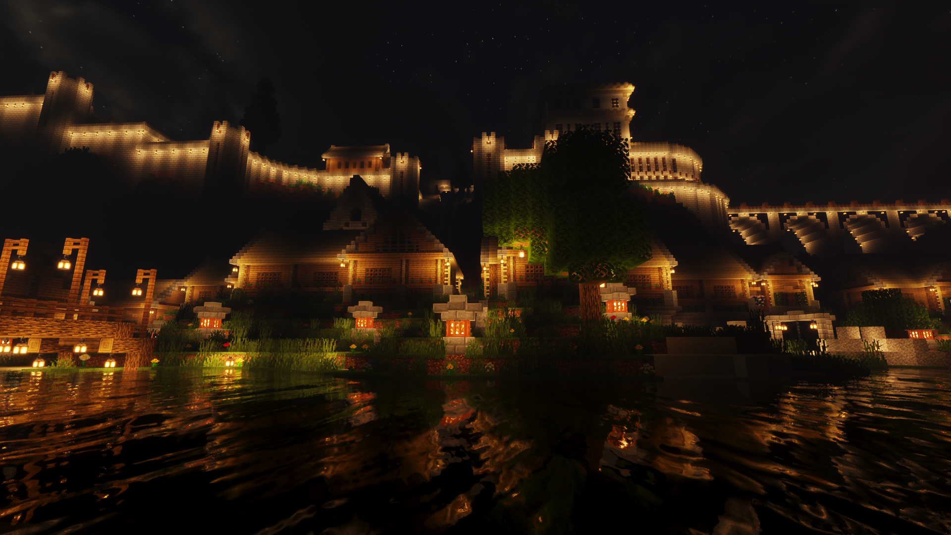 Minecraft Building Video Games Shaders Night City Lights CGi Castle Water 1920x1080