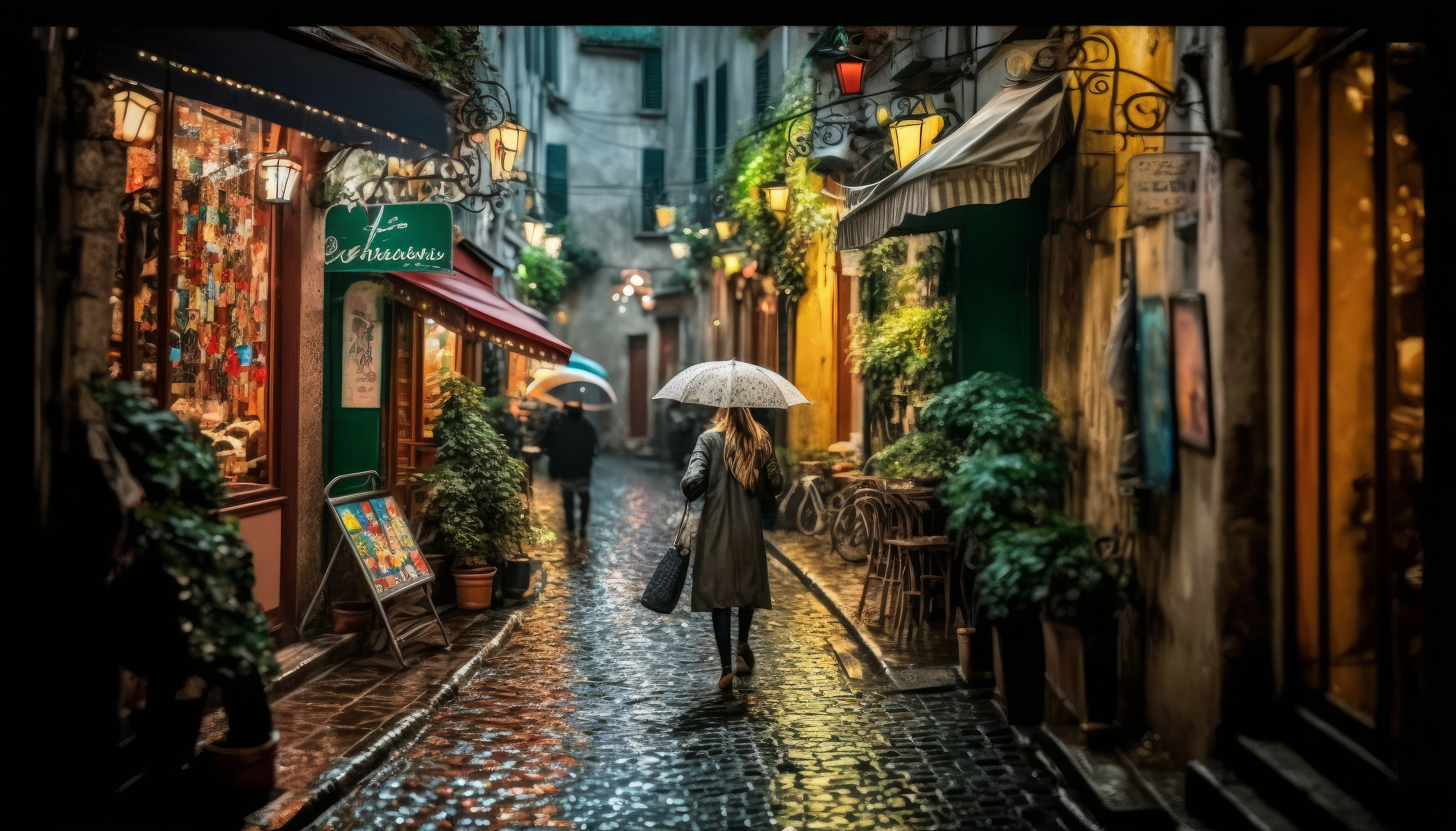 Ai Art Illustration Women Paris Umbrella Cobblestone Small Alley Alleyway Plants Street Light 4579x2616