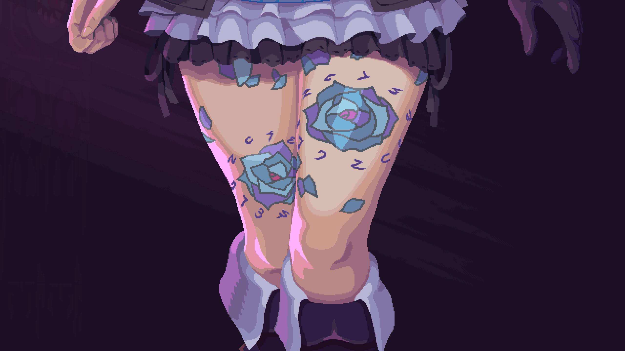 Video Game Characters Purple Background Tattoo Legs Skirt Pixel Art Petals Rose Simple Background Mi 2560x1440