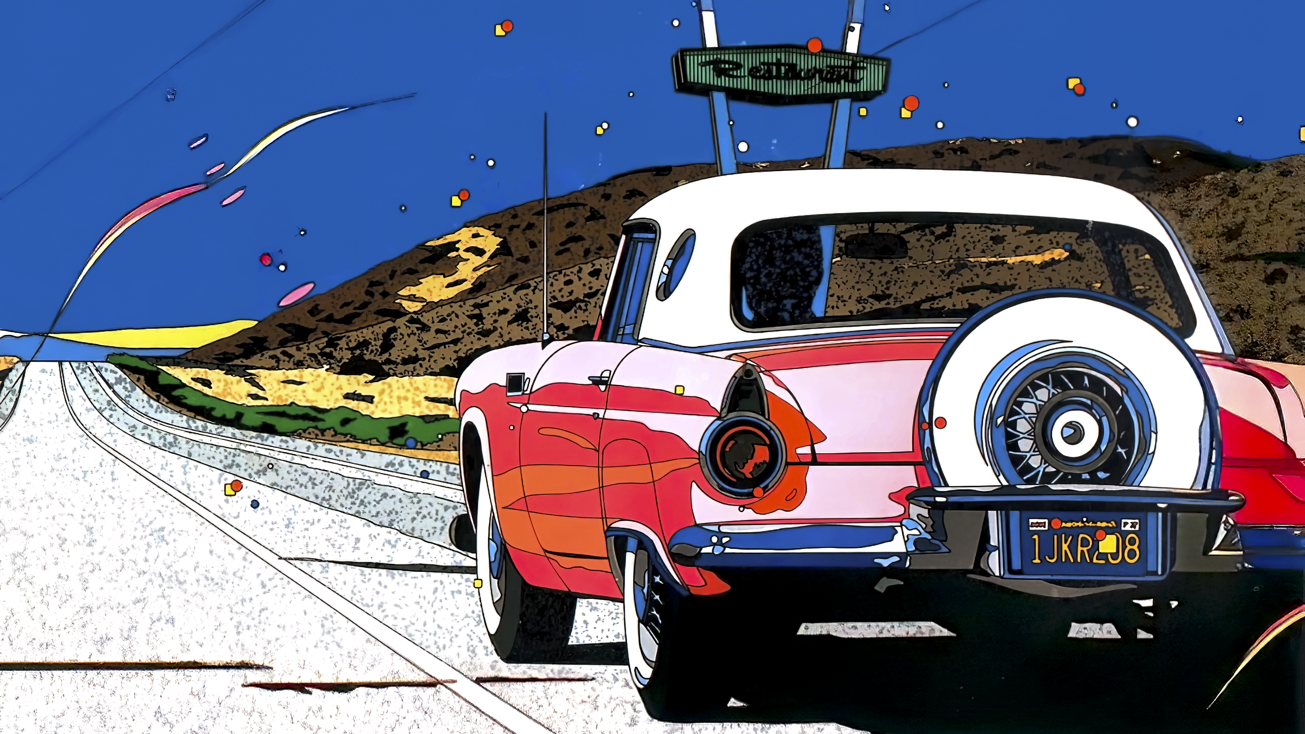 1980s Japanese Art Graphic Design Eizin Suzuki American Cars Line Art Vibrant Colorful Summer Digita 2560x1440