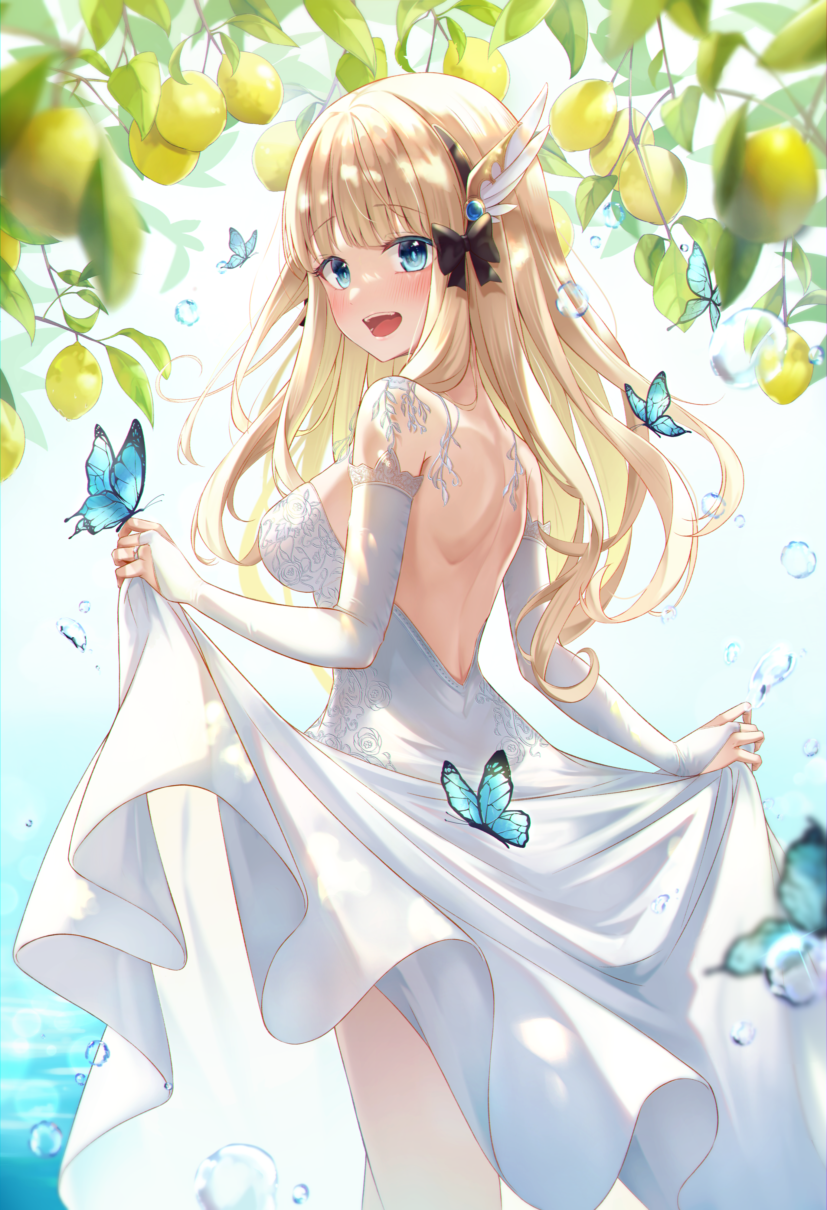 Anime Anime Girls Blonde Butterfly Blue Eyes Lemons Water 2734x4000