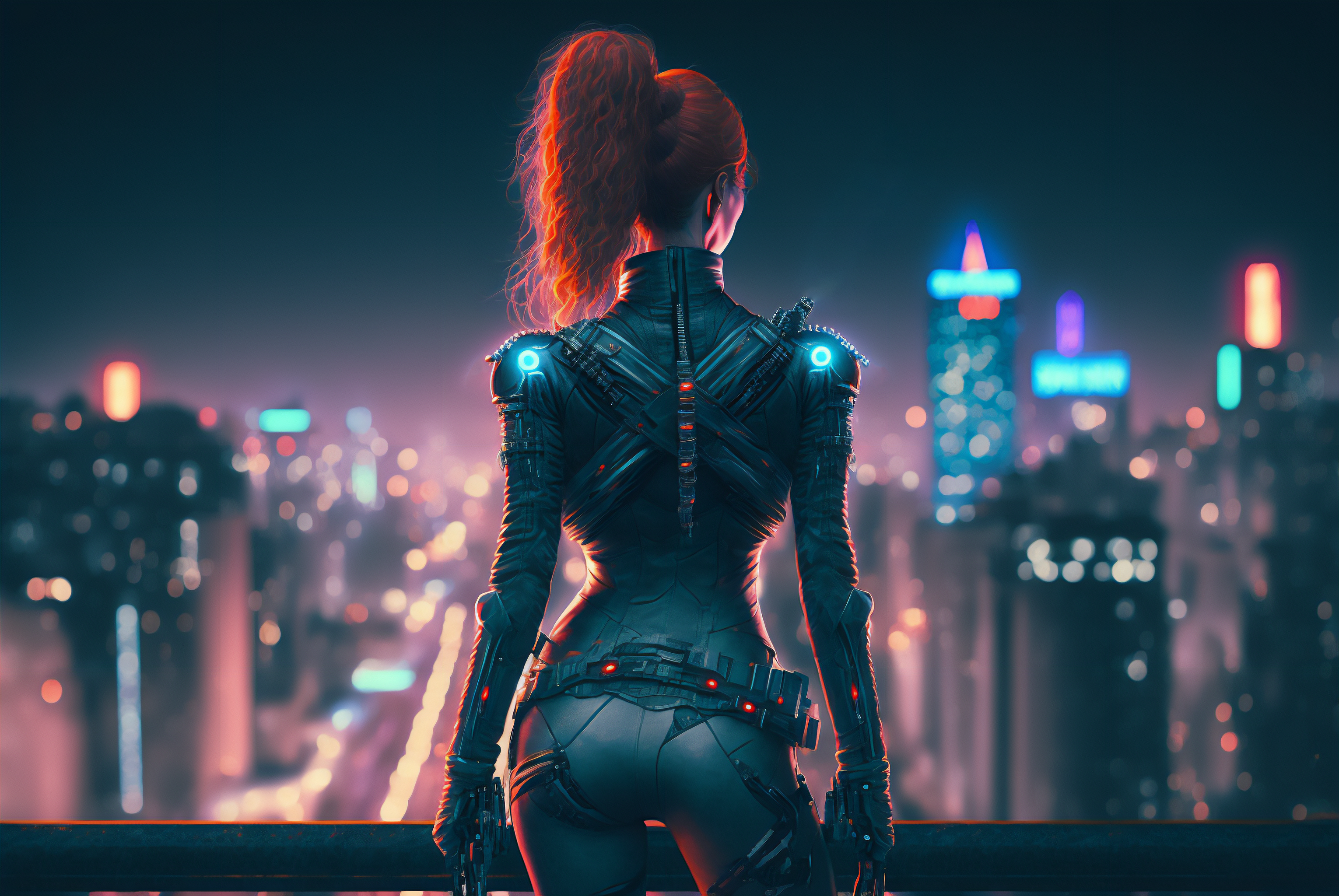 Ai Art Cyberpunk Assassins City Bokeh Redhead Women Rear View City Lights Ponytail 3060x2048
